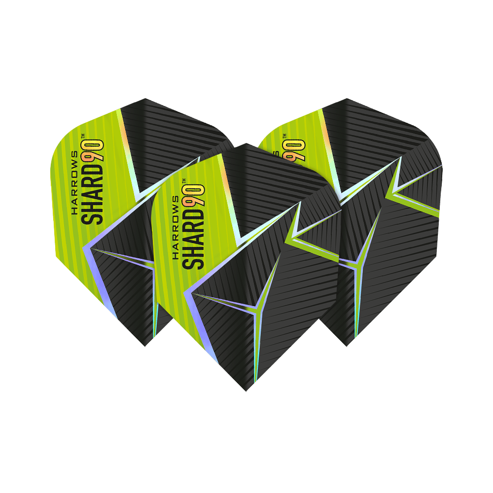 Harrows Prime Shard No6 Flights Das Bild zeigt drei Harrows Prime Shard No6 Flights für Darts. Die Flights haben ein schwarz-gelbes Design mit futuristischen Linien und dem Aufdruck "SHARD 90".