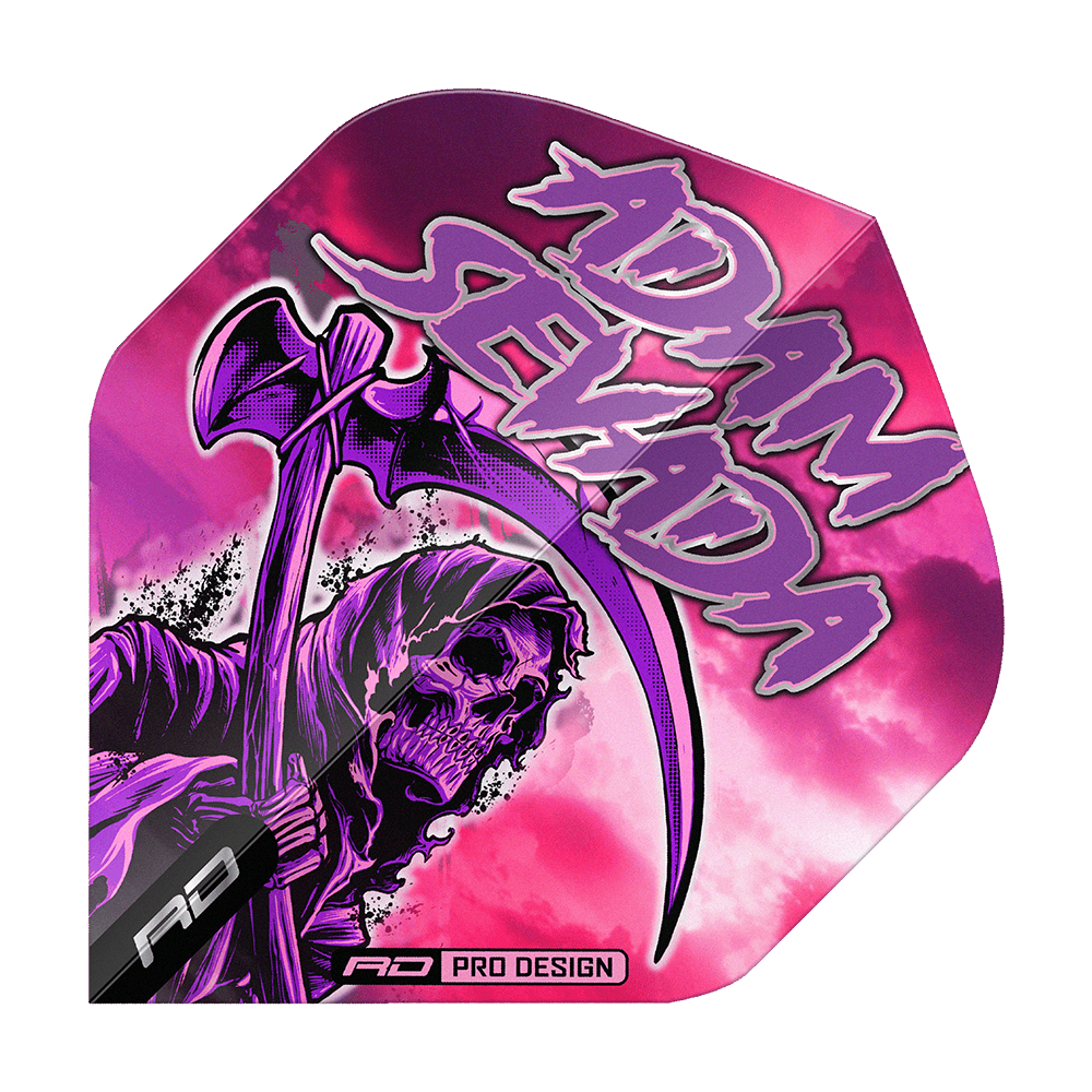 Das Bild zeigt das Produkt "Red Dragon Hardcore Adam Sevada Premium No2 Standard Flights". Auf dem Flight ist ein düsteres Sensenmann-Motiv vor einem pink-violetten Hintergrund mit dem Schriftzug "Adam Sevada" zu sehen.