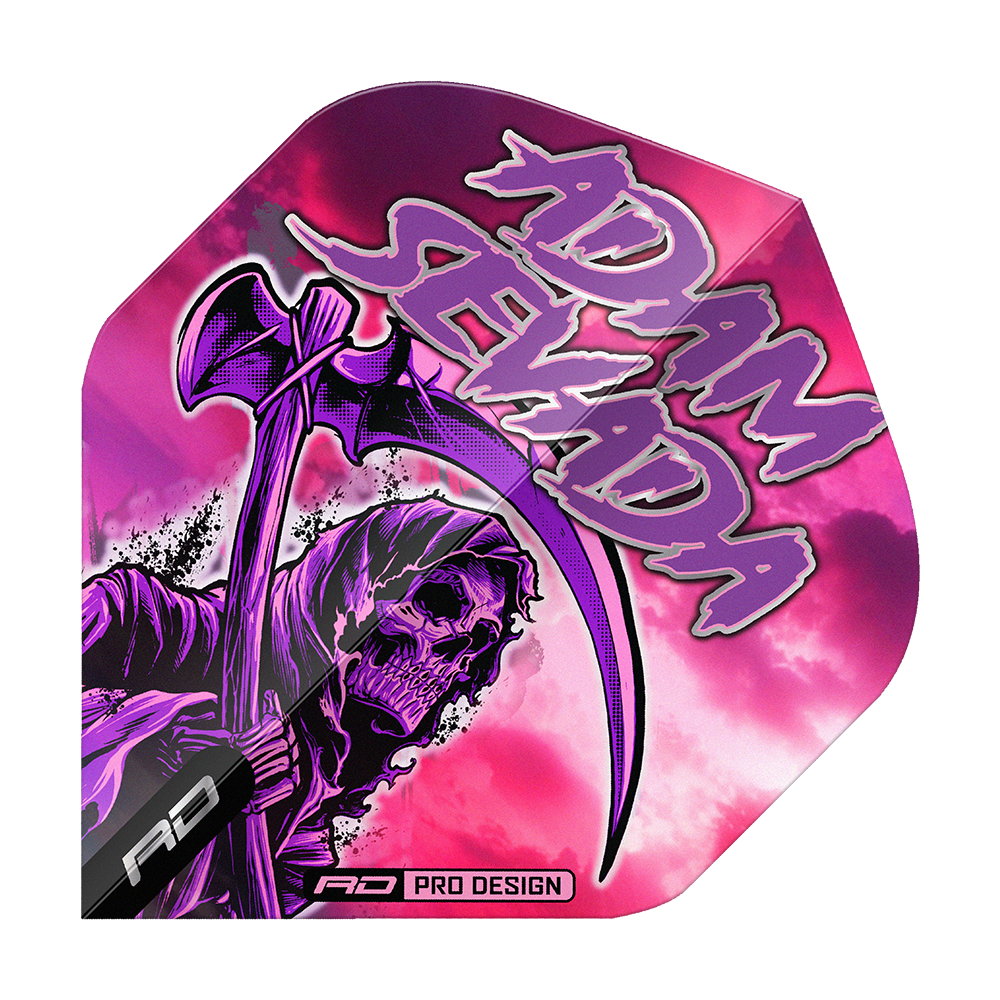 Red Dragon Hardcore Adam Sevada Premium No2 Standard Flights Das Bild zeigt das Produkt "Red Dragon Hardcore Adam Sevada Premium No2 Standard Flights". Auf dem Flight ist ein düsteres Sensenmann-Motiv vor einem pink-violetten Hintergrund mit dem Schriftzug "Adam Sevada" zu sehen.