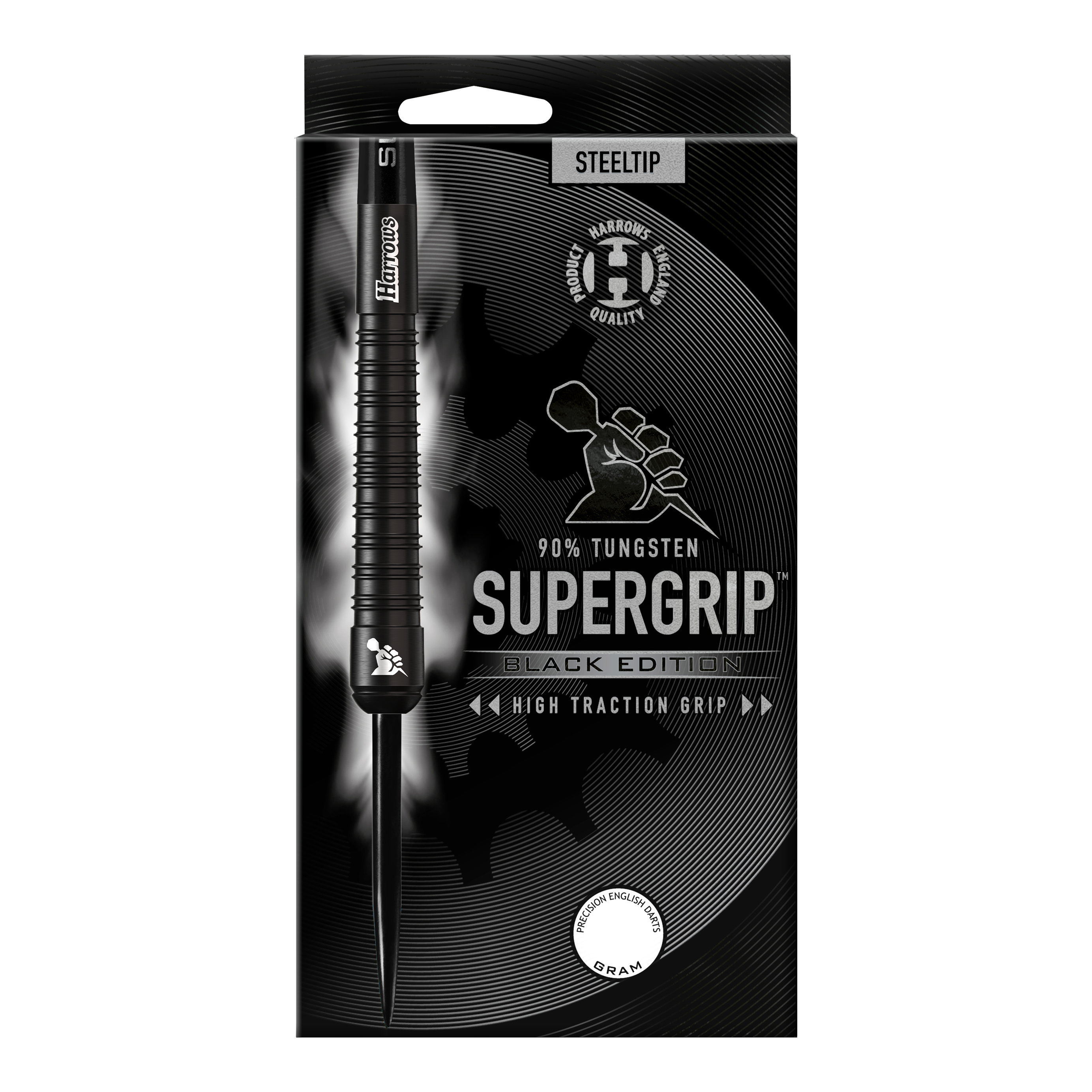 Harrows Supergrip Black Edition steel darts Das Bild zeigt die Verpackung der "Harrows Supergrip Black-Edition Steeldarts". Die Verpackung ist schwarz gehalten und hebt die hohe Griffigkeit sowie einen 90%igen Tungsten-Anteil hervor.