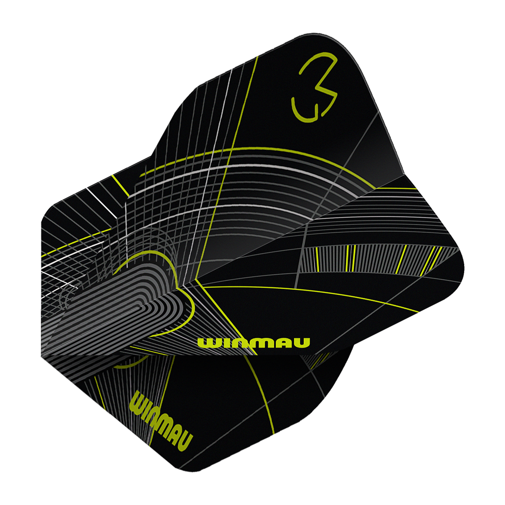 Winmau Prism Delta MvG Black Green No2 Standard Flights Das Bild zeigt die Winmau Prism Delta MvG Black Green No2 Standard Flights. Das Set hat auffällige schwarze und farbige Elemente.