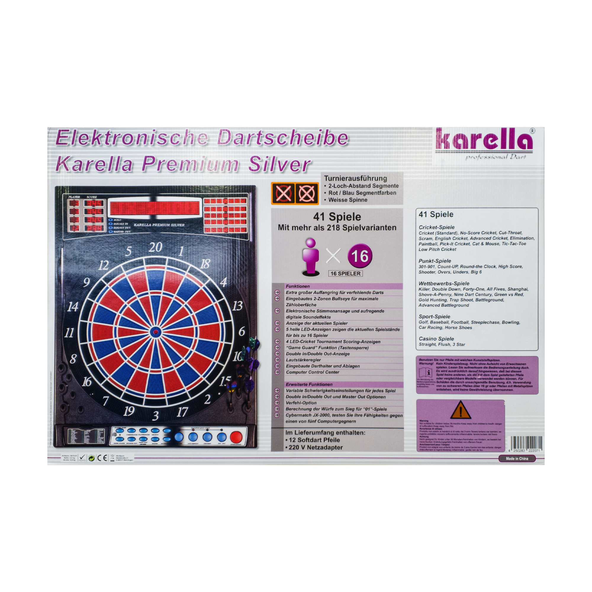 8075_Dartautomat_Karella_Premium_Silver_5BzxokKrLhyZeo Das Bild zeigt die Verpackung des Dartautomaten "Karella Premium Silver". Auf der Verpackung sind Informationen zu den Funktionen und Spielvarianten des elektronischen Dartboards abgebildet.