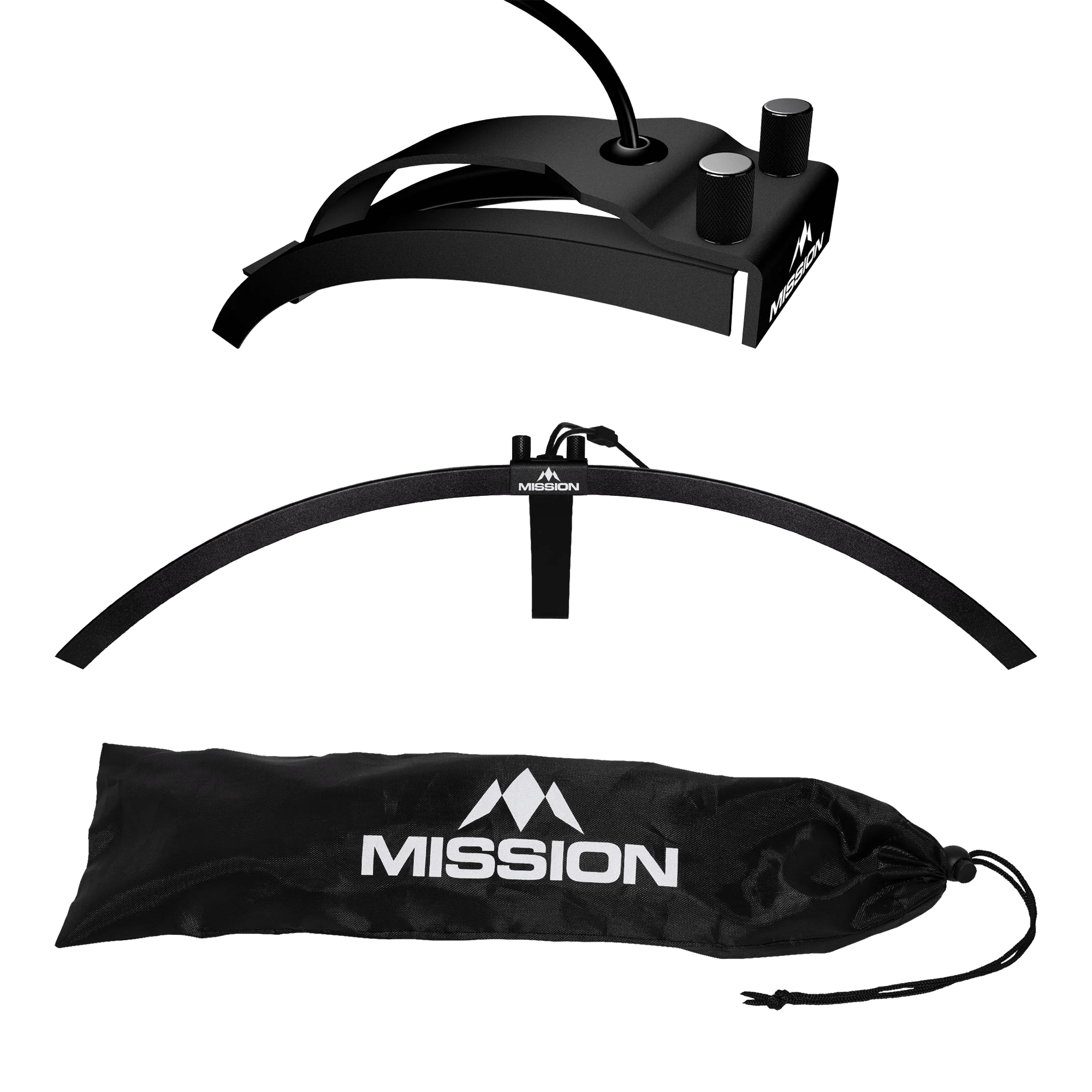 Mission Torus 100 Foldable LED Dartboard Lighting Das Bild zeigt die faltbare LED Dartboard Beleuchtung "Mission Torus 100". Abgebildet sind das Beleuchtungselement, ein Bogen und eine schwarze Transporttasche mit dem Mission-Logo.