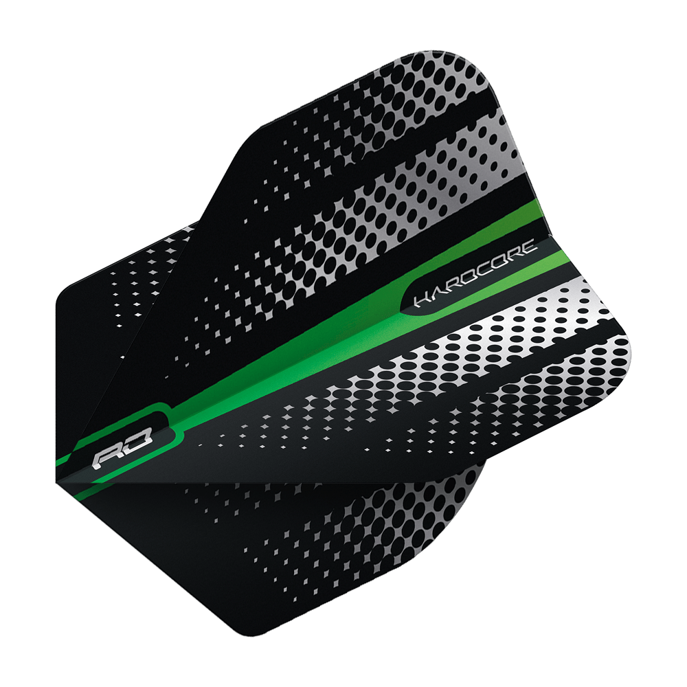Das Bild zeigt das Produkt "Red Dragon Hardcore Radical Green Flash Standard Flights". Die Dart-Flight ist schwarz mit silbernen Punkten und einem grünen Streifen.