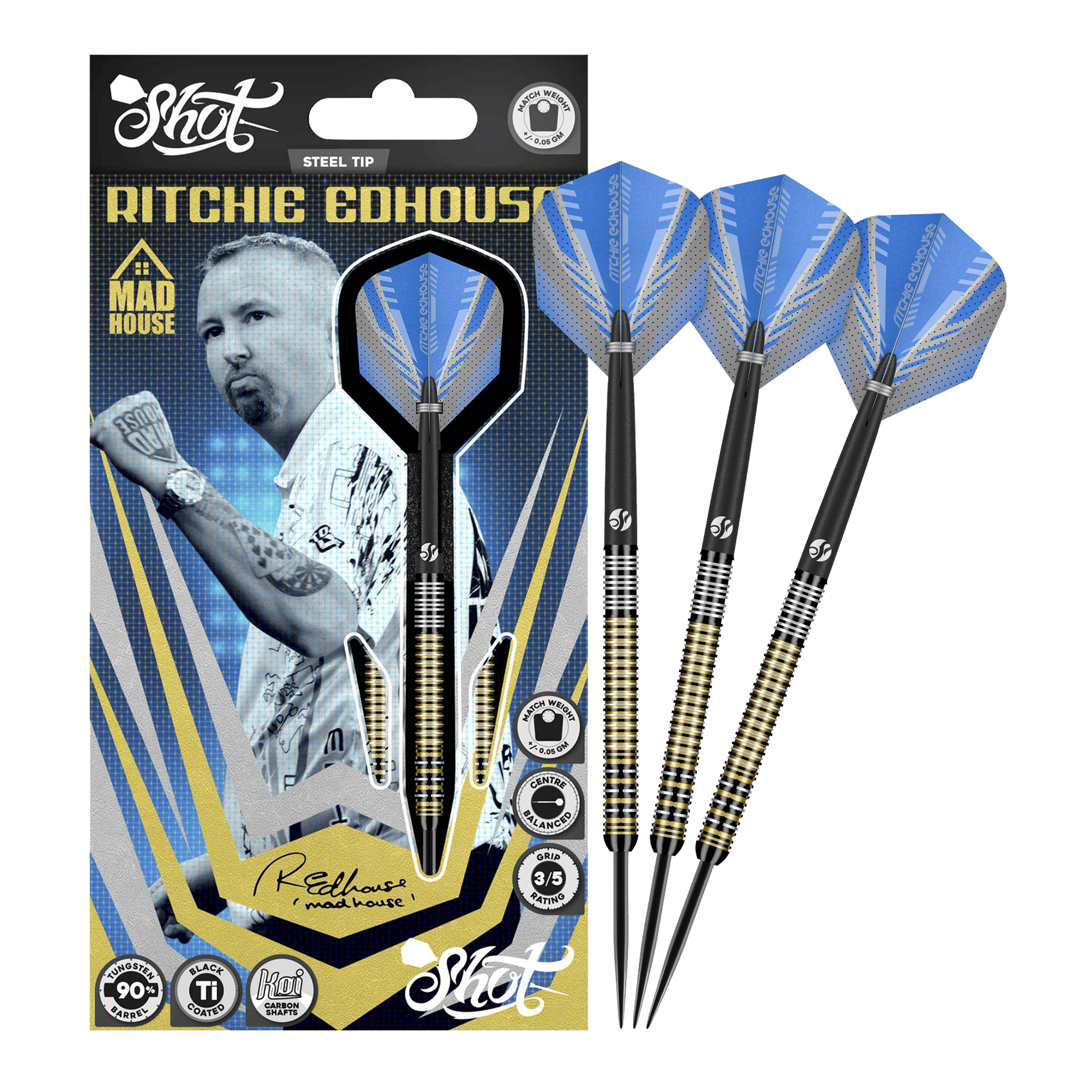 Das Bild zeigt die Shot Ritchie Edhouse Madhouse Steeldarts in voller Ansicht. Diese Darts zeichnen sich durch ihr einzigartiges Design aus.