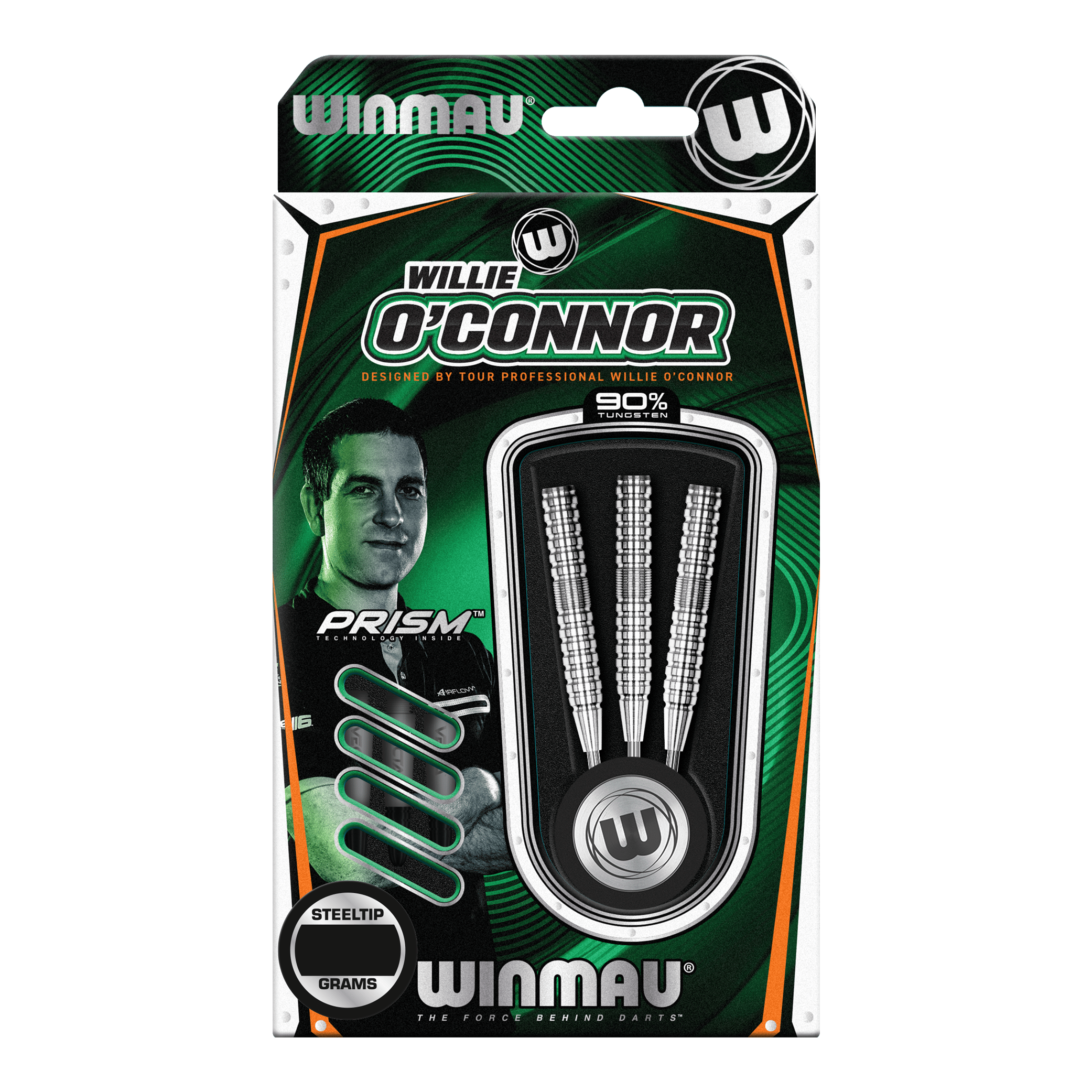 Winmau Willie OConnor Steel Darts - 23g Die Verpackung zeigt die Winmau Willie O’Connor Steeldarts mit einem Gewicht von 23 Gramm. Im Inneren sind drei silberne Steeldarts zu sehen.