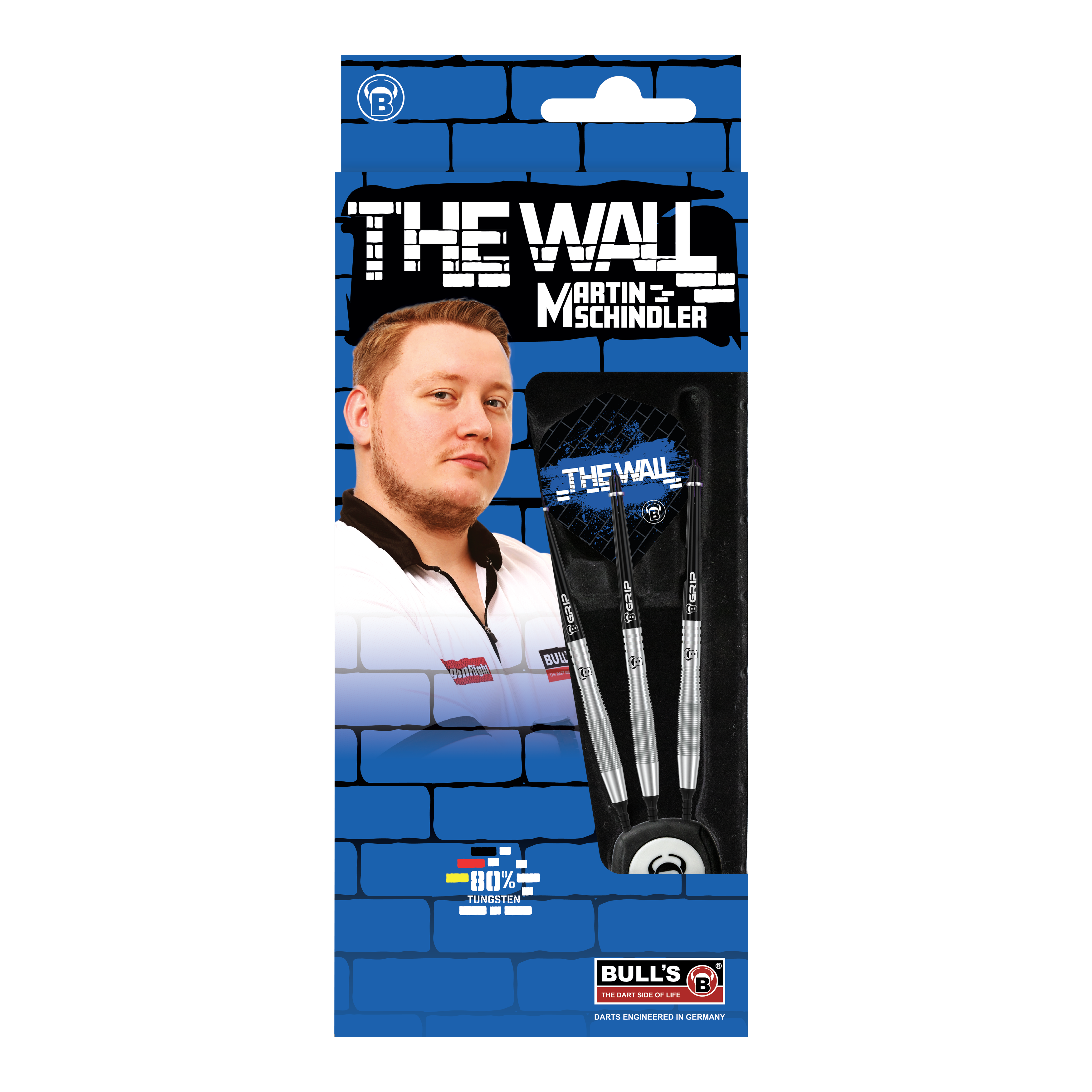 Die Abbildung zeigt die Produktverpackung der "Bulls Martin Schindler TW80 Softdarts - 18g". Auf der Verpackung ist ein Bild von Martin Schindler sowie drei Softdarts und das Logo von BULL'S zu sehen.