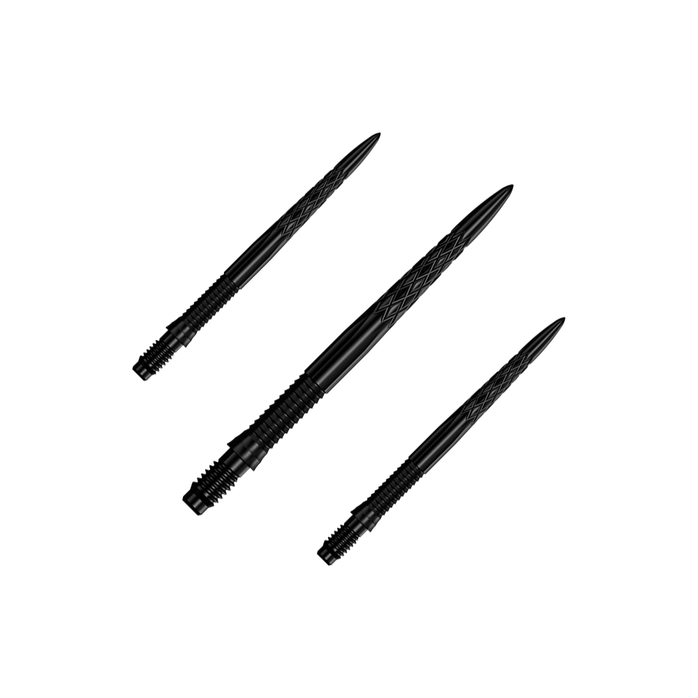 Mission R2.5 Rapid Point DSX Dart Tips - Black Das Bild zeigt ein Set von schwarzen Dartspitzen, 30 mm lang. Die Dartspitzen sind zusammen gruppiert dargestellt.