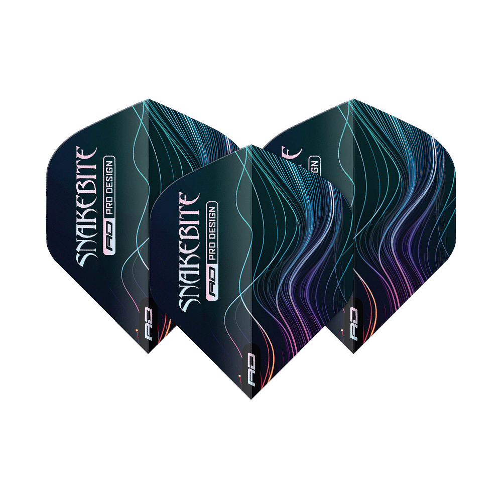 Das Bild zeigt drei Dartflights des Produkts „Red Dragon Hardcore Peter Wright Multi No2 Standard Flights“. Sie sind dunkel mit farbigen, geschwungenen Linien und dem Schriftzug „Snakebite“ bedruckt.