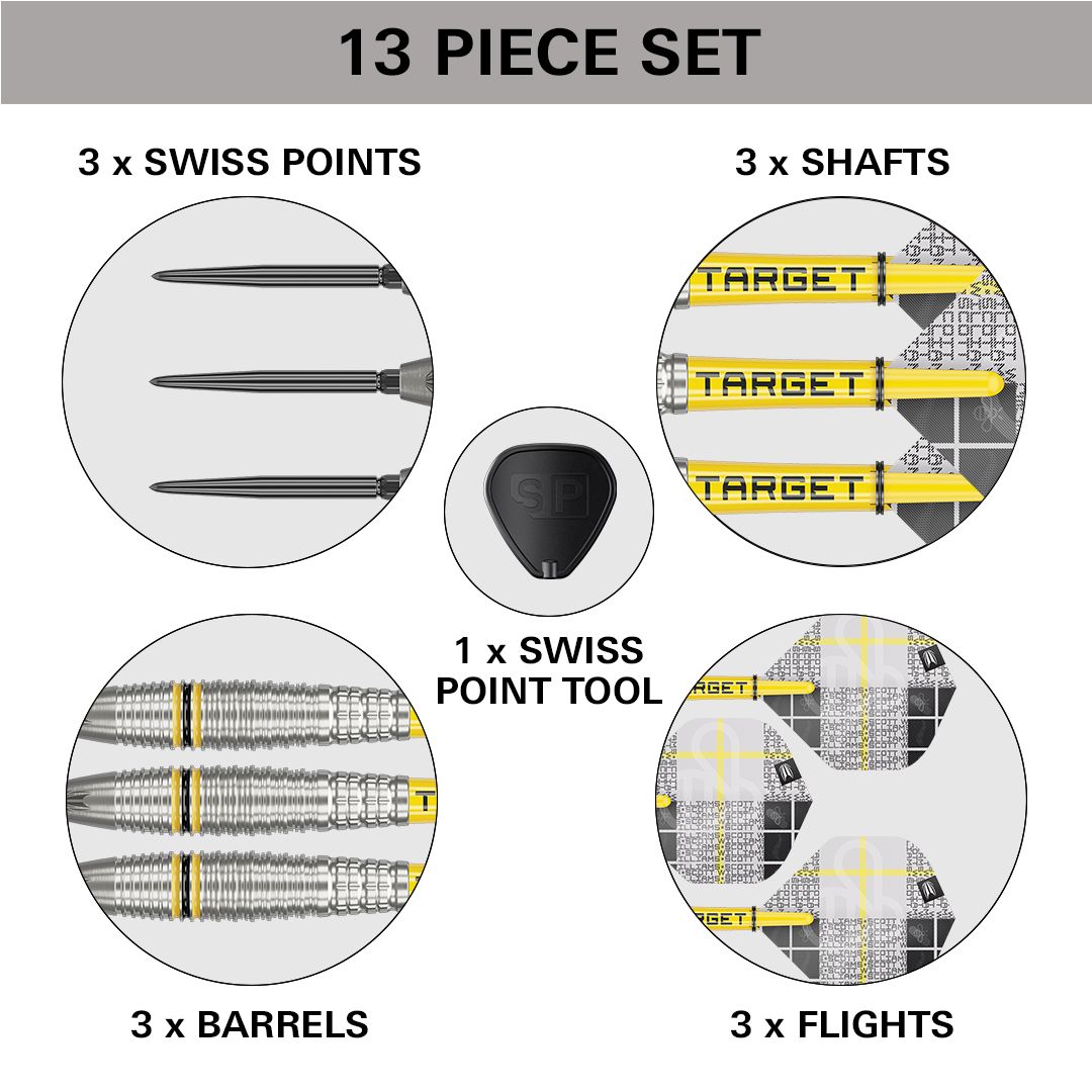 Target Scott Williams GEN2 Swiss Point steel darts Dieses Bild zeigt das 13-teilige Target Scott Williams GEN2 Swiss Point Steeldarts Set. Es enthält 3 Swiss Points, 3 Shafts, 3 Barrels, 3 Flights und 1 Swiss Point Tool.