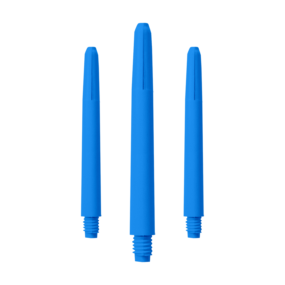 Das Bild zeigt drei blaue Nylon-Schäfte. Sie sind nebeneinander angeordnet und haben ein Schraubgewinde am unteren Ende.
