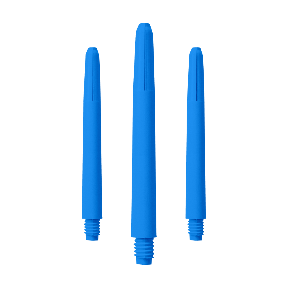 574_Nylon_Shafts_Blau_48mm_1 Das Bild zeigt drei blaue Nylon-Schäfte. Sie sind nebeneinander angeordnet und haben ein Schraubgewinde am unteren Ende.