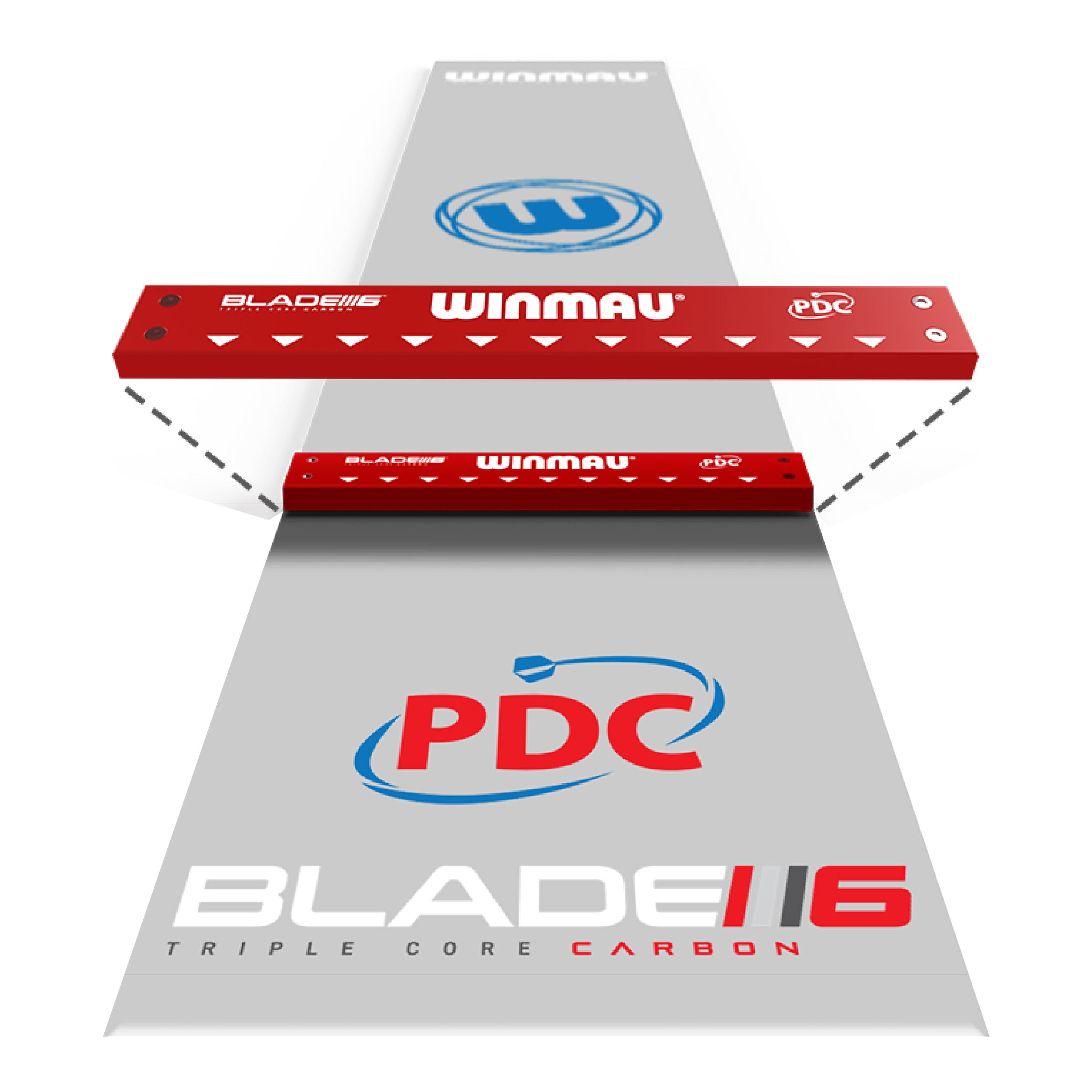 Winmau Clearzone PVC dart mat with oche Das Bild zeigt die "Winmau Clearzone PVC Dartmatte mit Oche". Auf der Matte sind die Logos von Winmau, PDC und Blade 6 zu sehen.