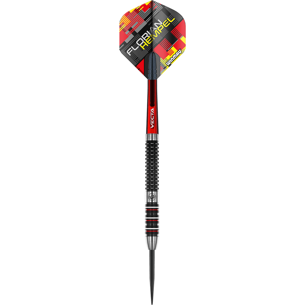 1491_Winmau_Florian_Hempel_Steeldarts_1G3YwsoP24rN5U Das Bild zeigt einen "Winmau Florian Hempel Steeldart". Der Dart ist schwarz, silber und rot gestaltet, und auf dem Flight steht der Name "Florian Hempel".