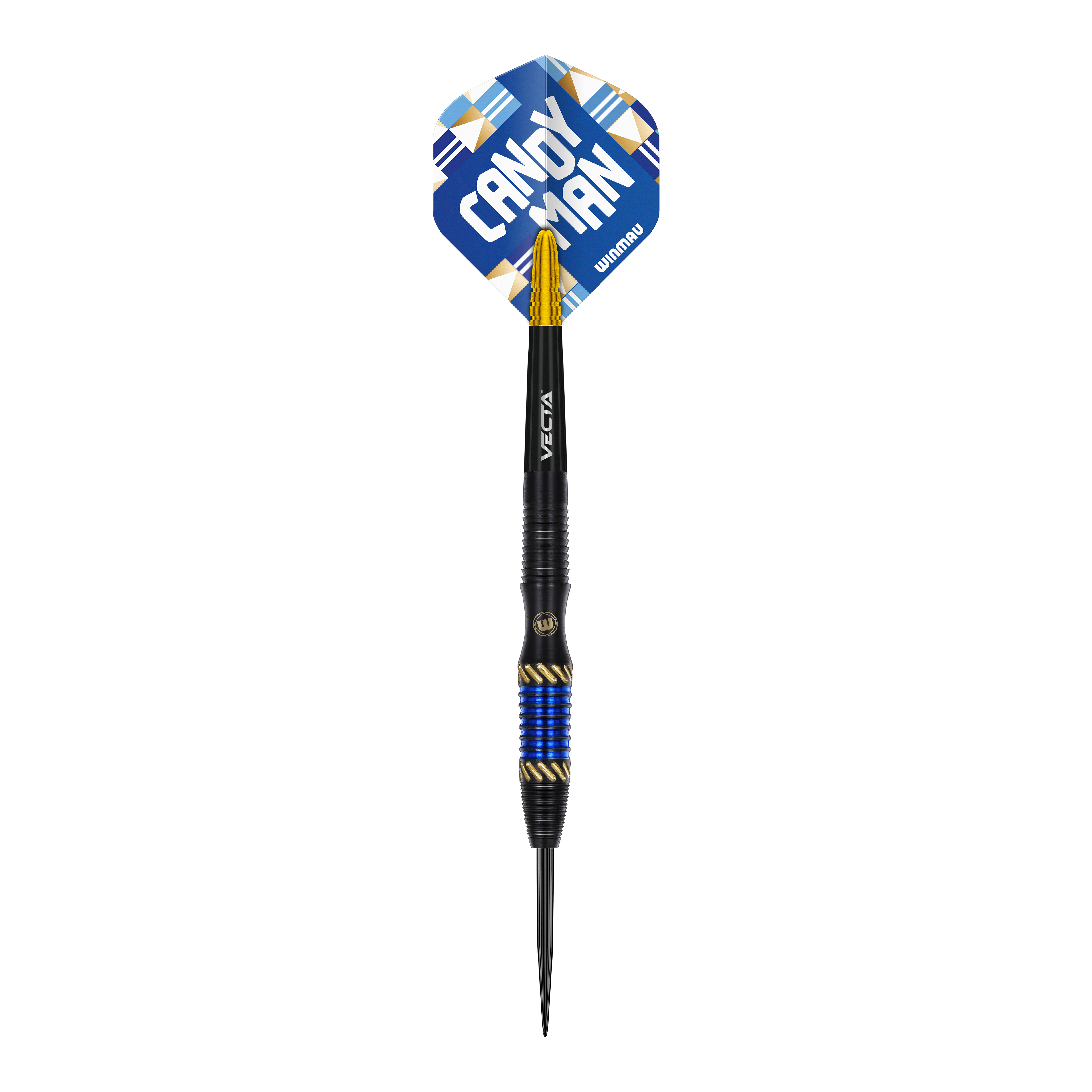 Winmau Rashad Sweeting Steeldarts - 24g Das Bild zeigt einen Winmau Rashad Sweeting Steeldart mit 24g Gewicht. Der Dart hat blaue und goldene Akzente sowie eine Flight mit der Aufschrift "CANDY MAN".