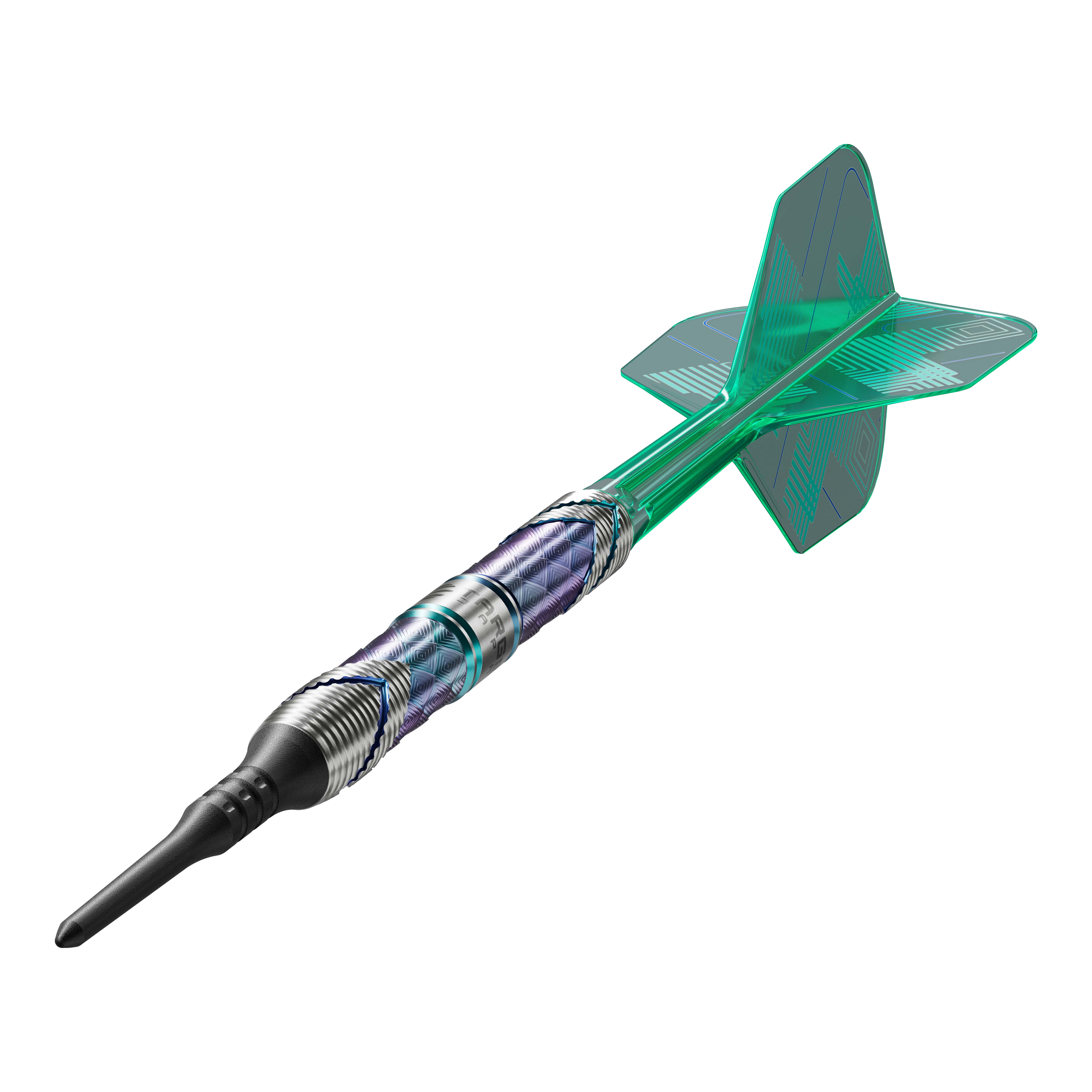 Dies ist der Target Japan Kaze Series Ceros 03 Softdart mit einem Gewicht von 19g. Der Dart hat ein auffälliges Design mit grünen Flights und einem strukturierten Barrel.