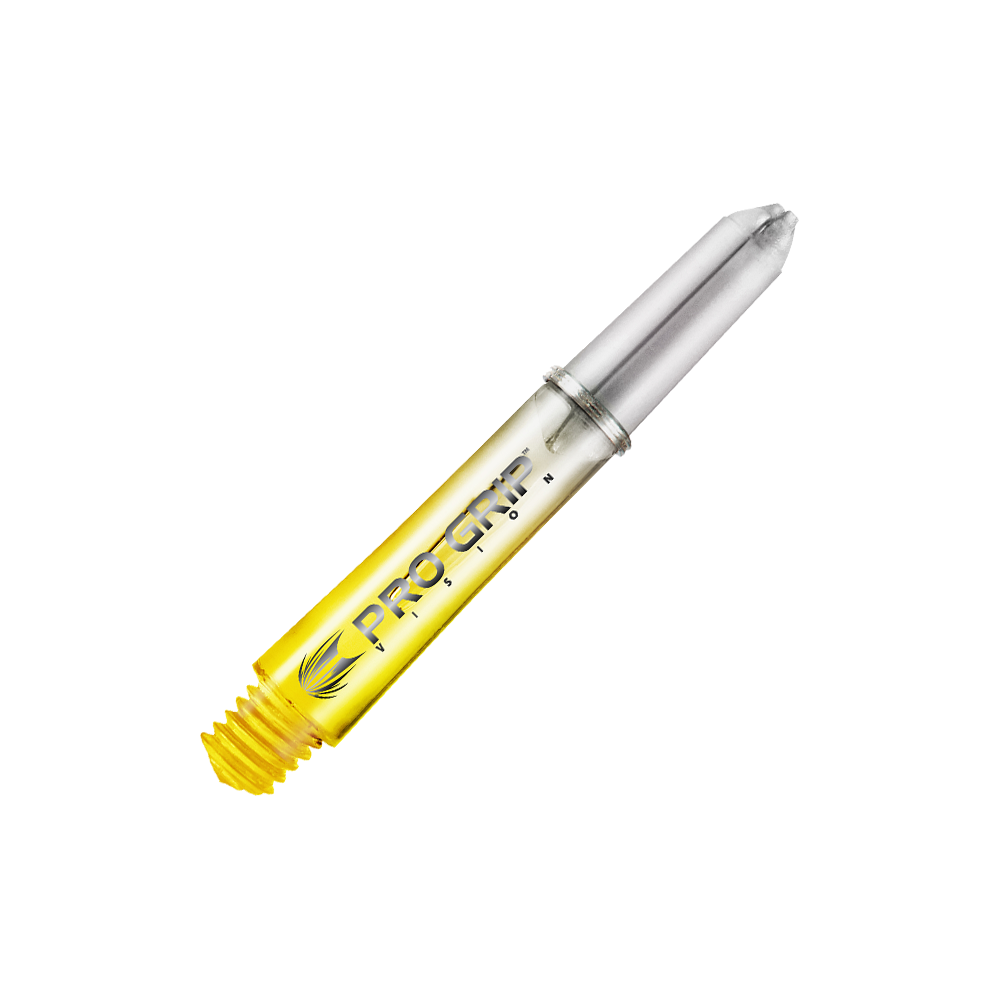 Target Pro Grip Vision Shafts - 3 Sets - Yellow Das Bild zeigt einen gelben Dart-Schaft mit der Aufschrift "Pro Grip Vision". Der Schaft ist durchsichtig und hat ein modernes Design.