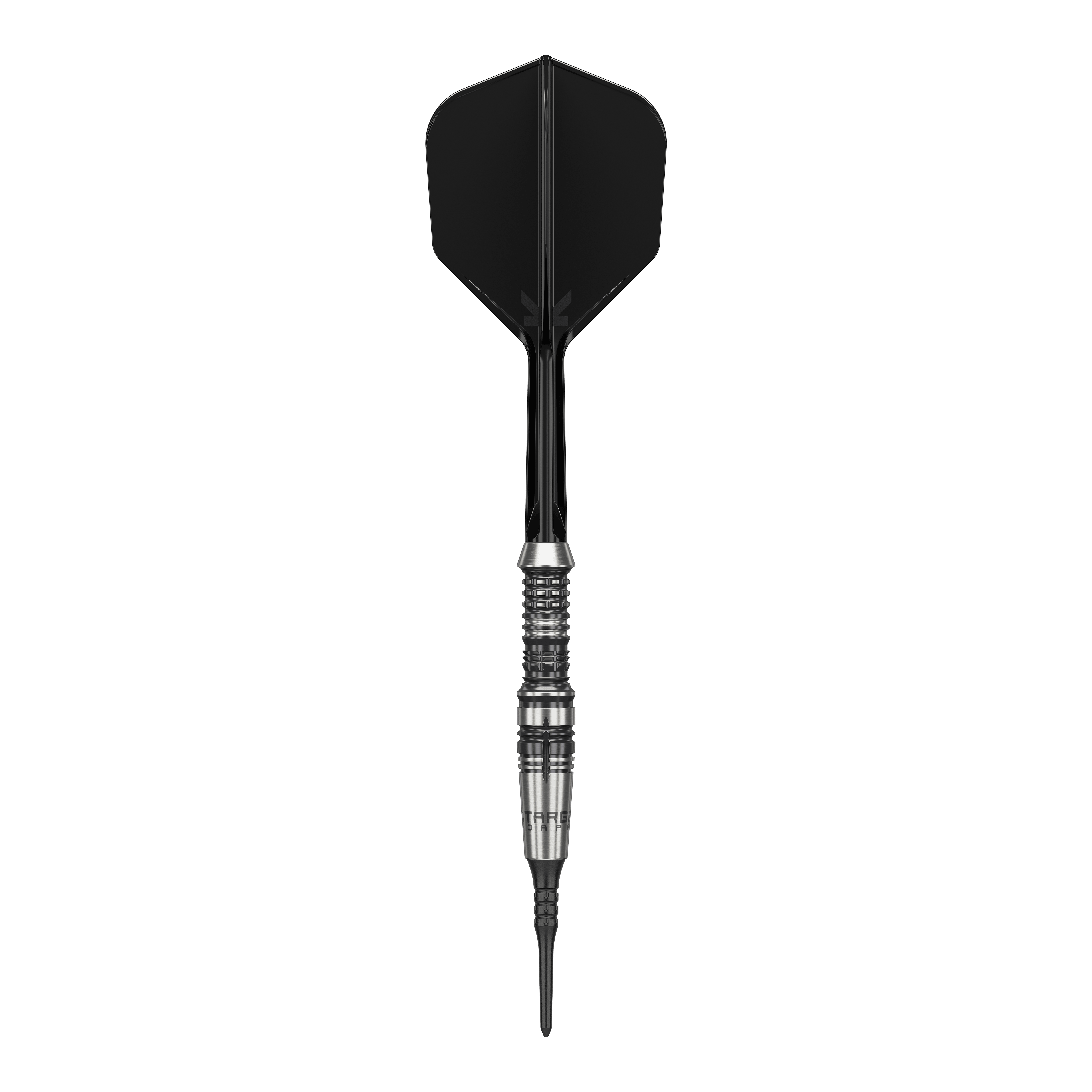 Target Japan Black Marque Heracles Soft Darts - 18g Das Bild zeigt einen Softdart der Marke 'Target Japan Black Marque Heracles' mit einem Gewicht von 18g. Der Dart hat ein elegantes Design mit schwarz-silbernem Barrel und schwarzer Spitze sowie Flight.