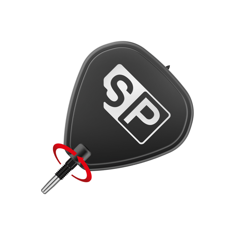 Target Swiss Point Black dart tips Das Bild zeigt eine schwarze Dartspitze mit der weißen Aufschrift "SP". Im unteren Bereich ist ein rotes Element zu sehen, das die Spitze hervorhebt.