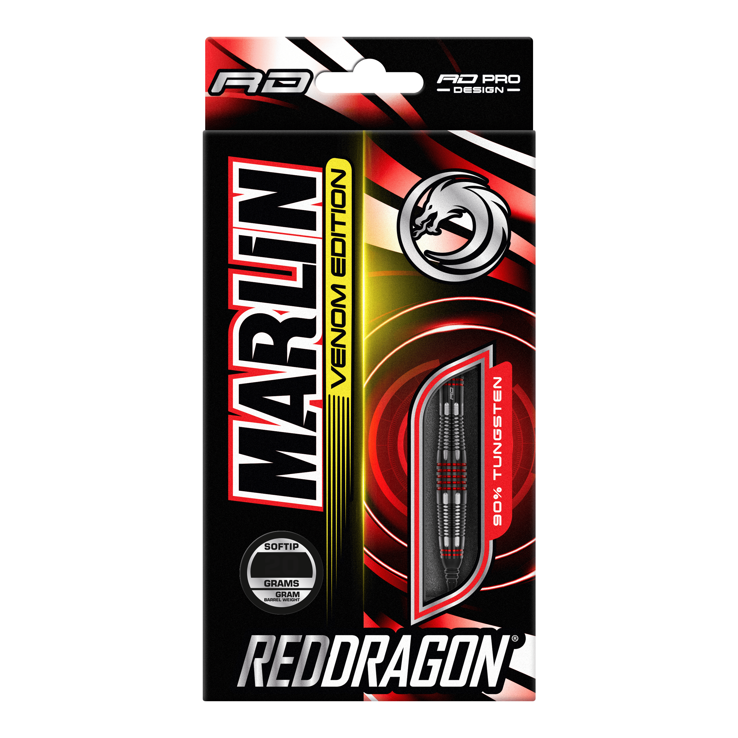 Red Dragon Marlin Venom Soft Darts - 22g Die Abbildung zeigt die Verpackung der "Red Dragon Marlin Venom Softdarts - 22g". Die Verpackung ist schwarz-rot gestaltet und hebt die Darts mit 90% Tungsten-Anteil hervor.