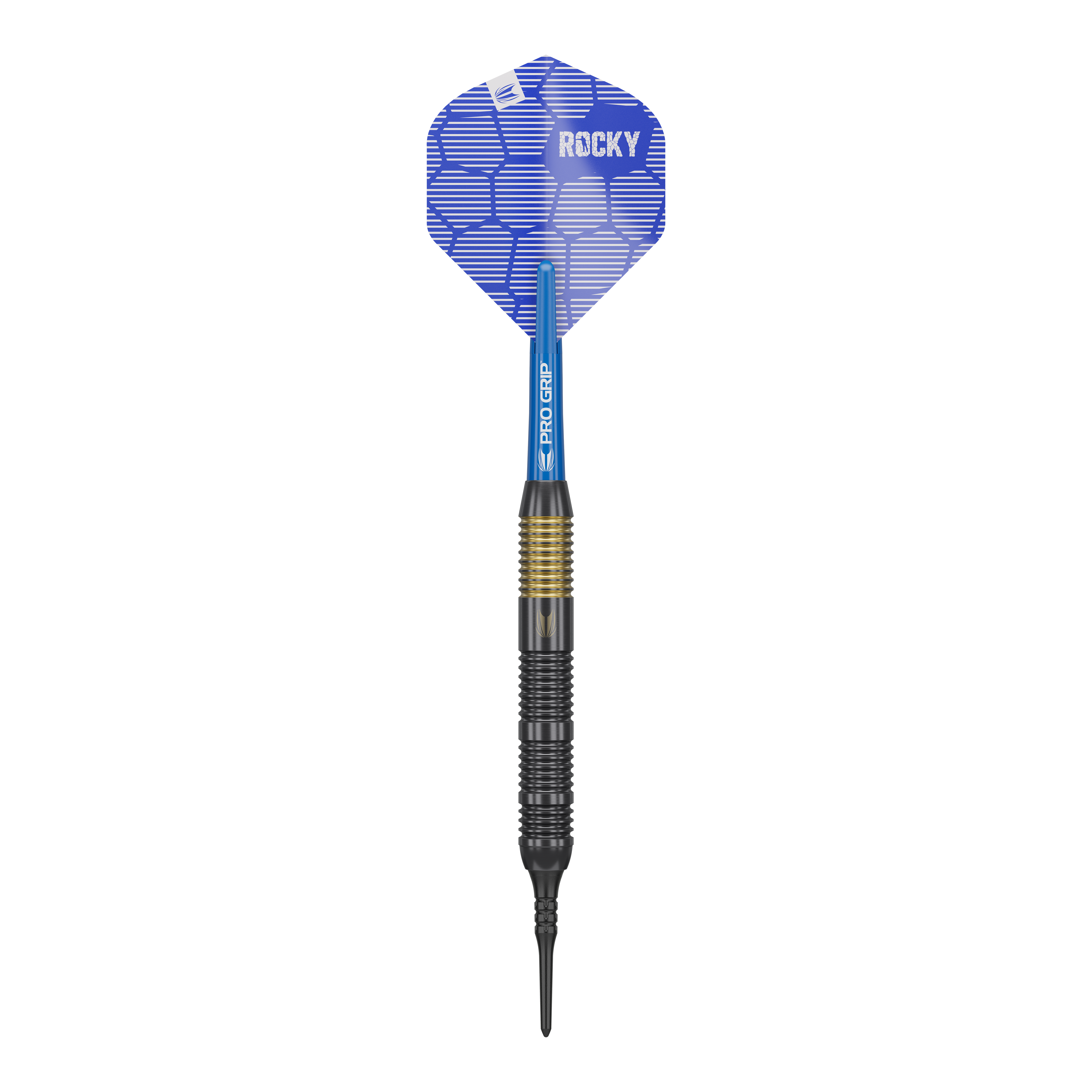 Target Josh Rock Brass Soft Darts - 18g Das Bild zeigt einen Target Josh Rock Brass Softdart mit einem Gewicht von 18g. Der Dart hat eine blaue Flight mit der Aufschrift "ROCKY" und einen messingfarbenen Griffbereich.
