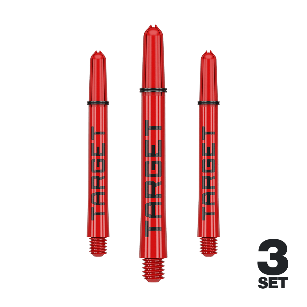 Target Pro Grip TAG Shafts - 3 Sets - Red Das Bild zeigt drei rote Dartschäfte mit der Aufschrift "TARGET". Unten rechts steht "3 SET", was auf ein Set mit drei Stück hinweist.