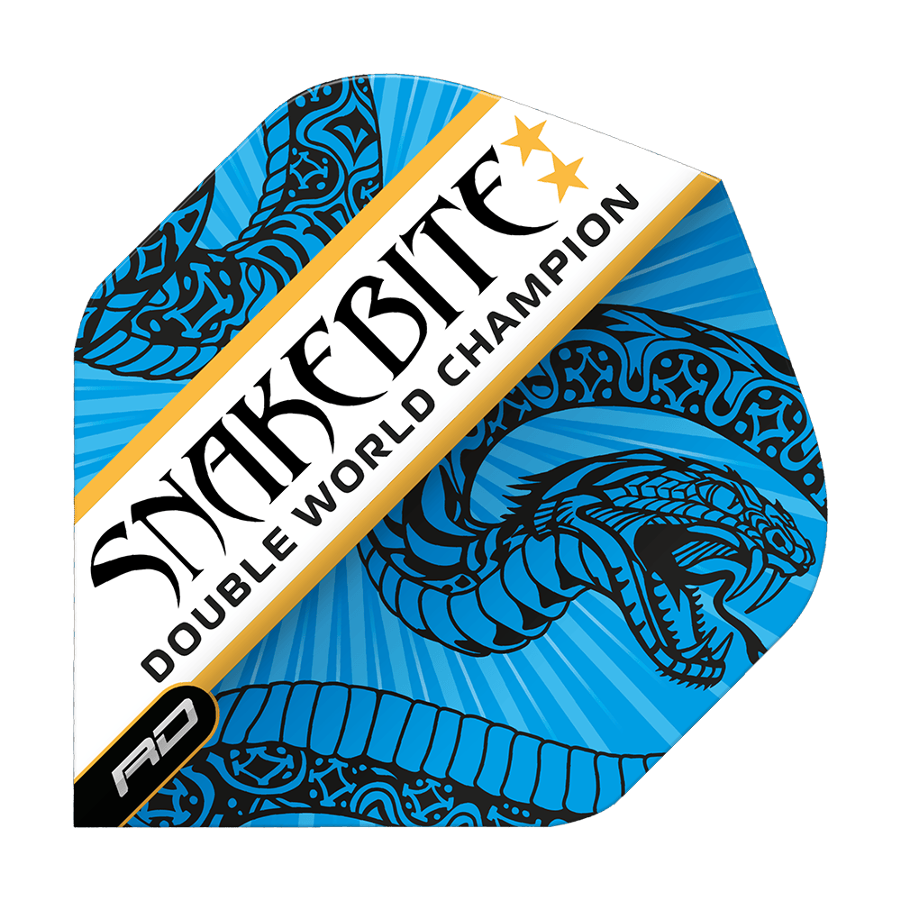 Das Bild zeigt ein blau-weißes Dart-Flight mit dem Schriftzug „Snakebite Double World Champion“. Es ist verziert mit einem stilisierten Schlangenmotiv und goldenen Sternen.
