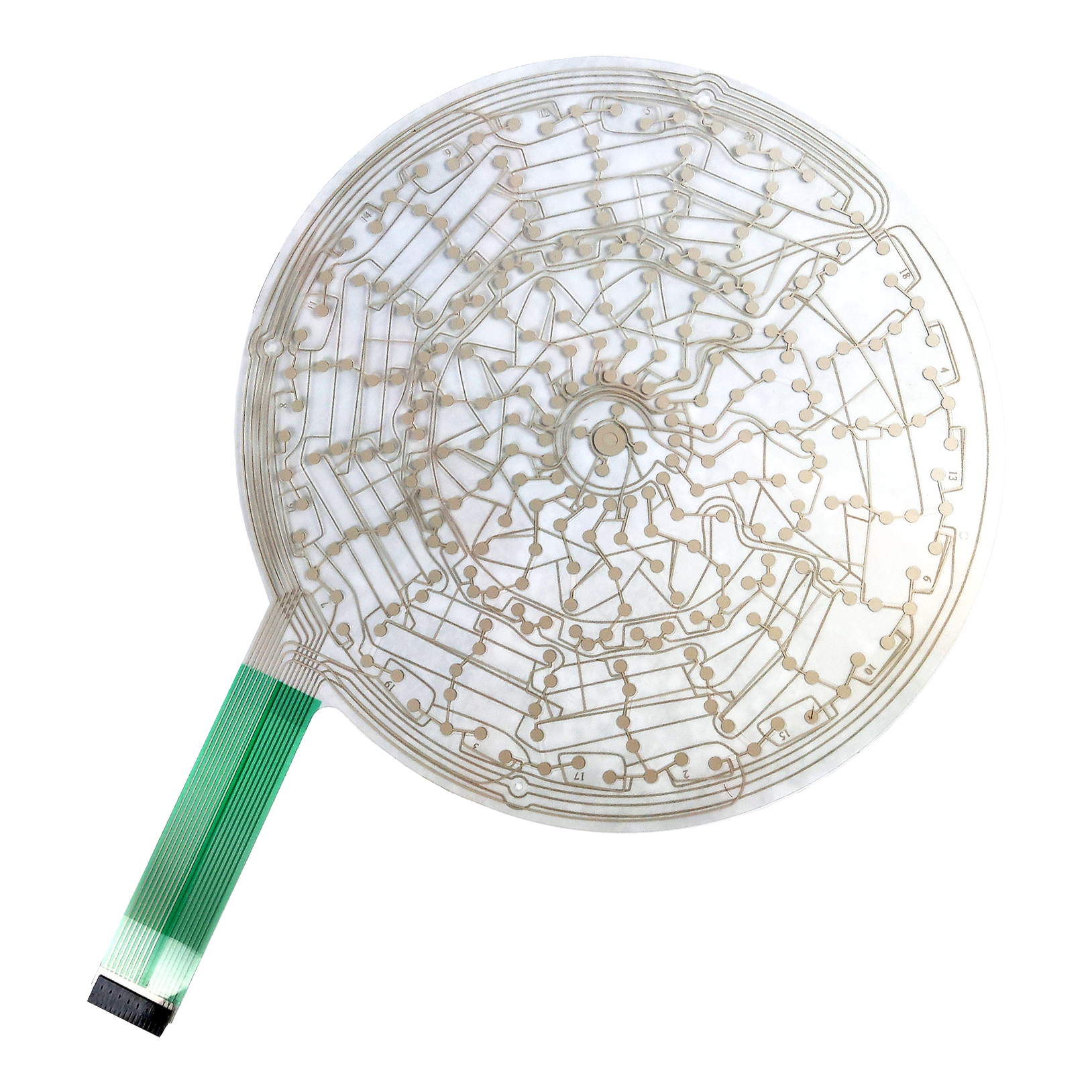 Karella E-Master spare part Auf dem Bild ist eine runde, transparente Leiterplatte mit feinen Leiterbahnen zu sehen. An der linken Seite befindet sich ein grünes Flachbandkabel zum Anschluss.