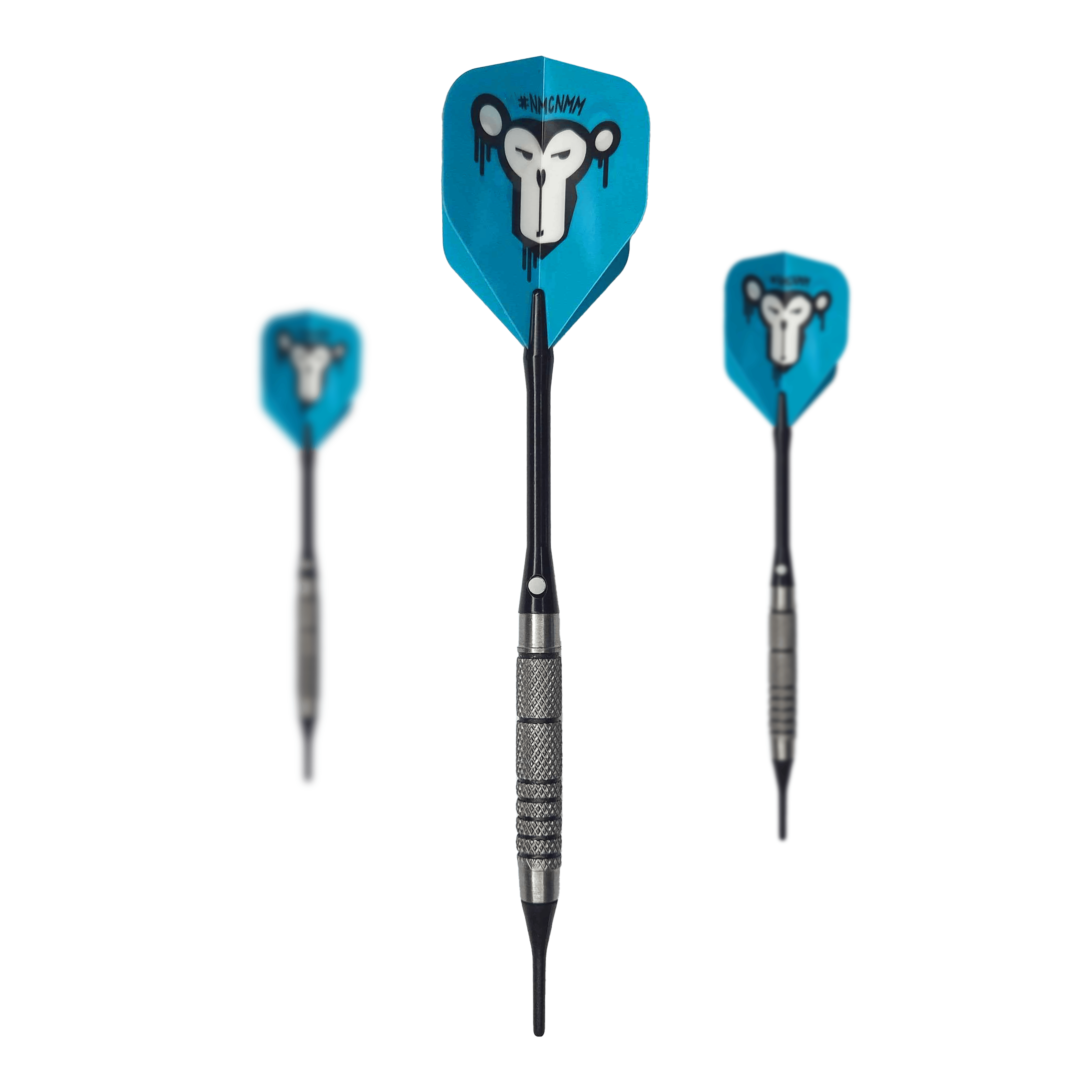 McDart 85 Tungsten V10 Soft Darts - 17.5g Das Bild zeigt drei Softdarts des Modells "McDart 85er Tungsten V10" mit einem Gewicht von 17,5g. Die Flights der Darts sind blau und mit einem Affenkopf-Motiv bedruckt.