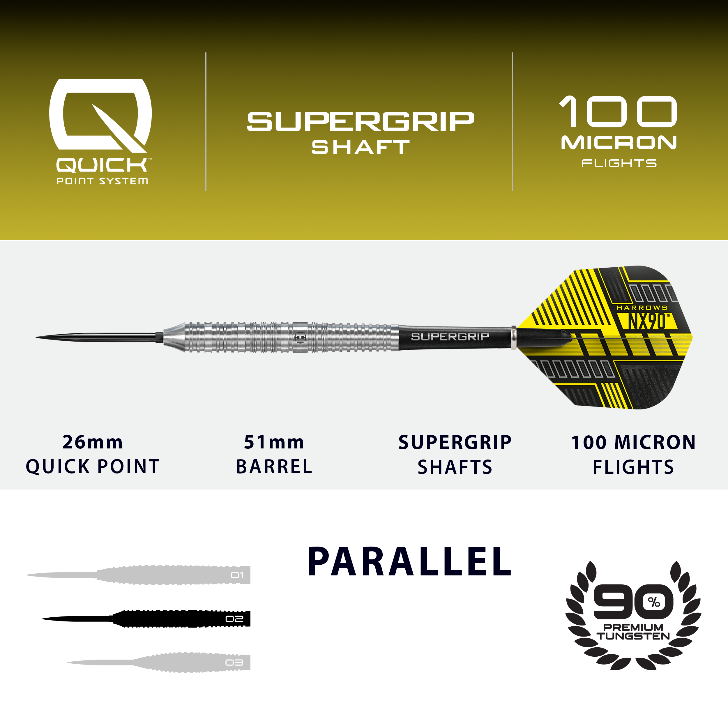 Abgebildet sind die Harrows NX90 Parallel Quick Point Steeldarts. Diese Steeldarts eignen sich für den ambitionierten Dartspieler.