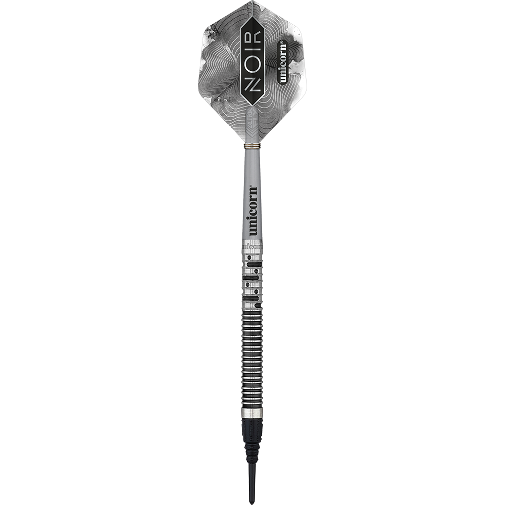 23831_Unicorn_Noir_Gary_Anderson_Phase_5_Softdarts_1EzaxbsEhf0OjI Auf dem Bild ist ein Unicorn Noir Gary Anderson Phase 5 Softdart zu sehen. Der Dart ist schwarz-silber und hat ein modernes, elegantes Design.