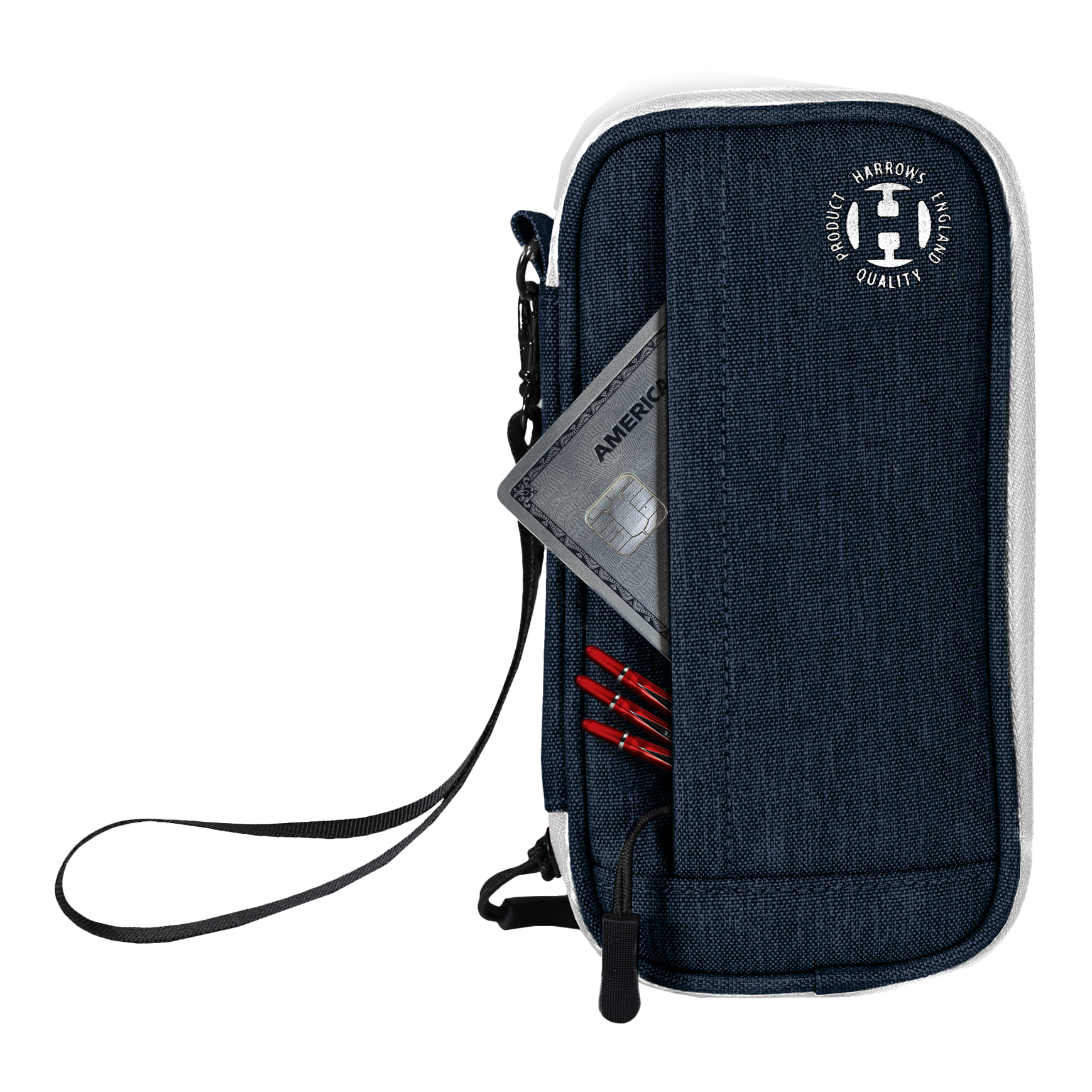Das Bild zeigt ein blaues Harrows Smart Case Dartetui mit einer Handgelenkschlaufe. In einer Außentasche befinden sich eine Kreditkarte und mehrere rote Dartspitzen.