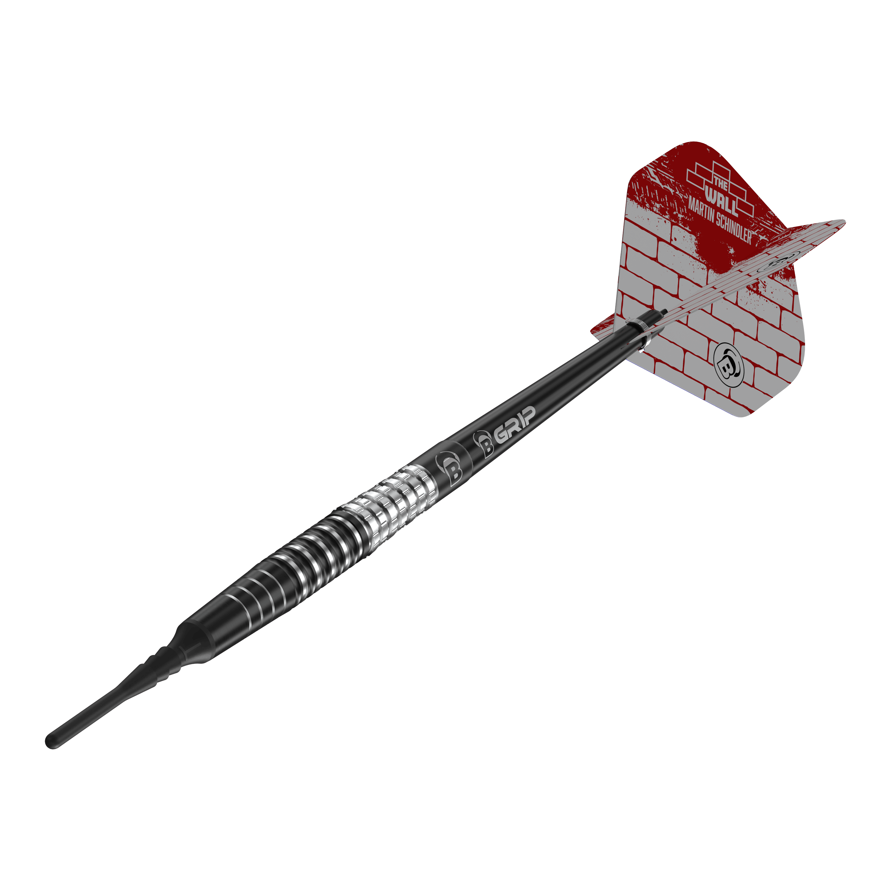 Bulls Martin Schindler Original Generation 3 soft darts Das Bild zeigt einen Softdart aus der Serie "Bulls Martin Schindler Original Generation 3". Der Dart hat ein schwarzes und silbernes Barrel sowie eine rot-weiße Flight mit Mauerstein-Design.
