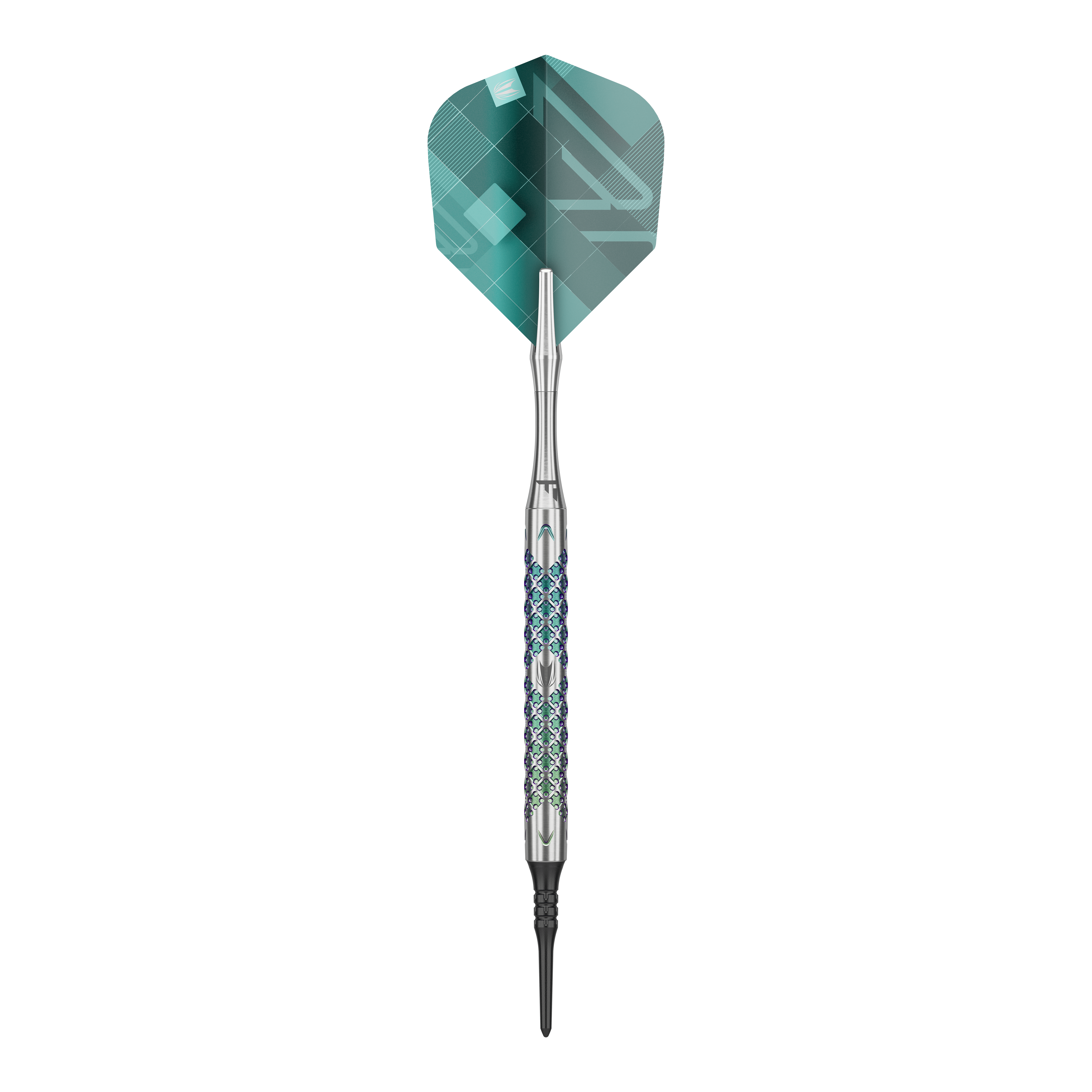 Target Rove 10 Soft Darts Das Bild zeigt einen einzelnen Softdart der Marke Target Rove 10. Der Dart hat ein silbernes Griffstück mit farbigen Akzenten und grüne Flights.