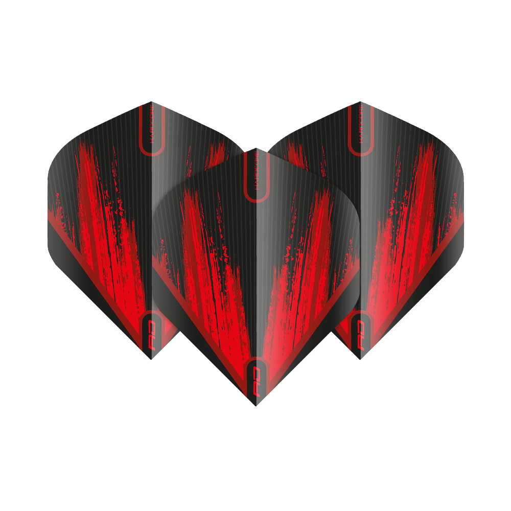 TF6442_Red_Dragon_Hardcore_Black_Red_V2_Standard_Flights_1HqqTe7wkGqWaN Das Bild zeigt drei Dartflights in Schwarz mit auffälligen roten Streifen. Die Flights tragen das Design "Red Dragon Hardcore Black Red V2 Standard".