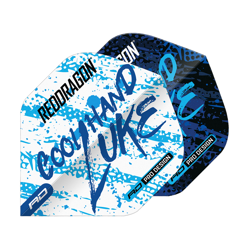 Das Bild zeigt die Red Dragon Luke Humphries World Champion Blue White Yin Yang Standard Flights. Die Flights sind in Blau, Weiß und Schwarz mit auffälligem Schriftzug und Farbspritzern gestaltet.