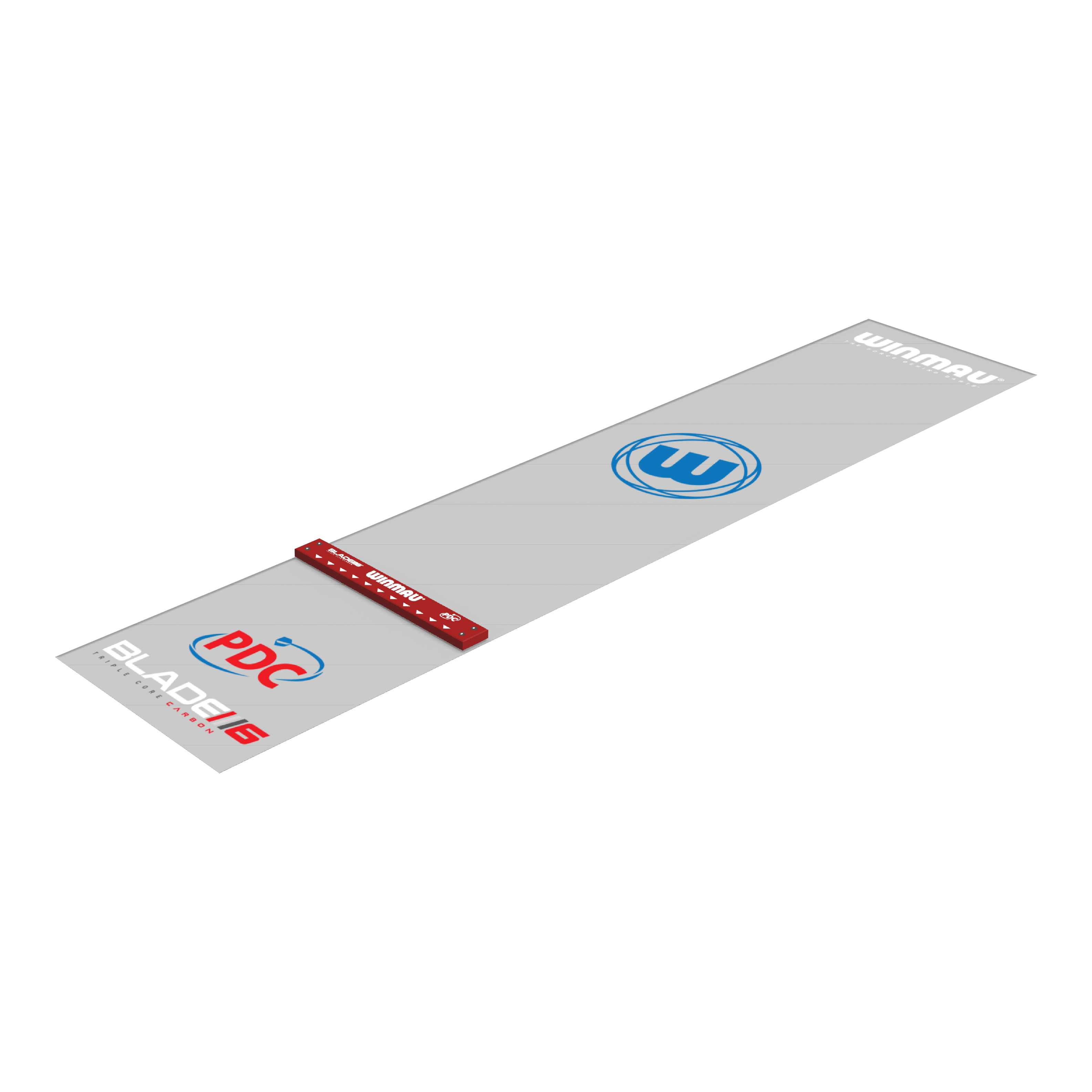 Winmau Clearzone PVC dart mat with oche Das Bild zeigt die Winmau Clearzone PVC Dartmatte mit Oche. Die Matte ist grau mit verschiedenen Logos und hat eine rote Abwurflinie (Oche).