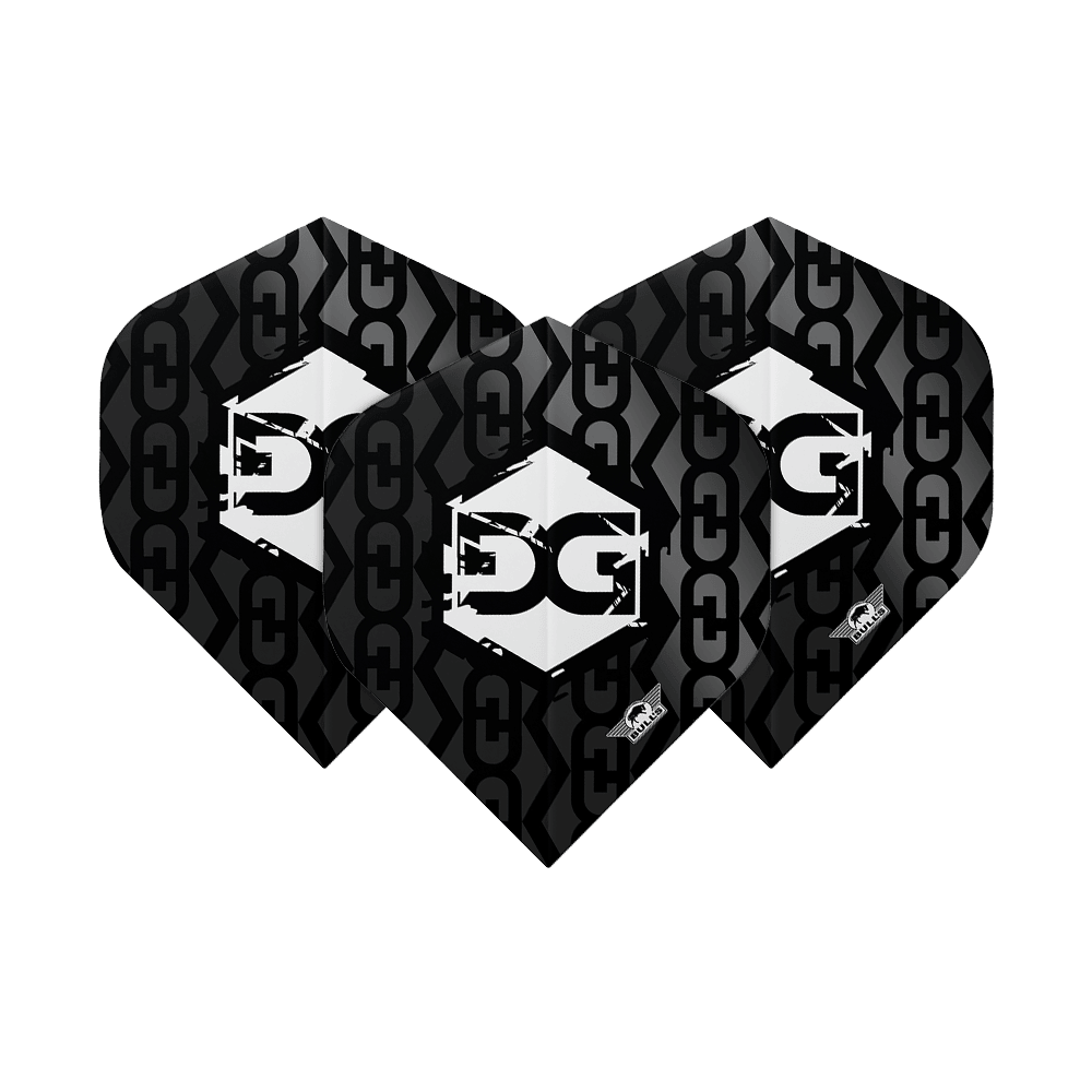 Das Bild zeigt drei schwarze Dartflights mit einem Kettenglied-Muster. In der Mitte befindet sich ein weißes Logo mit den Buchstaben "MK".