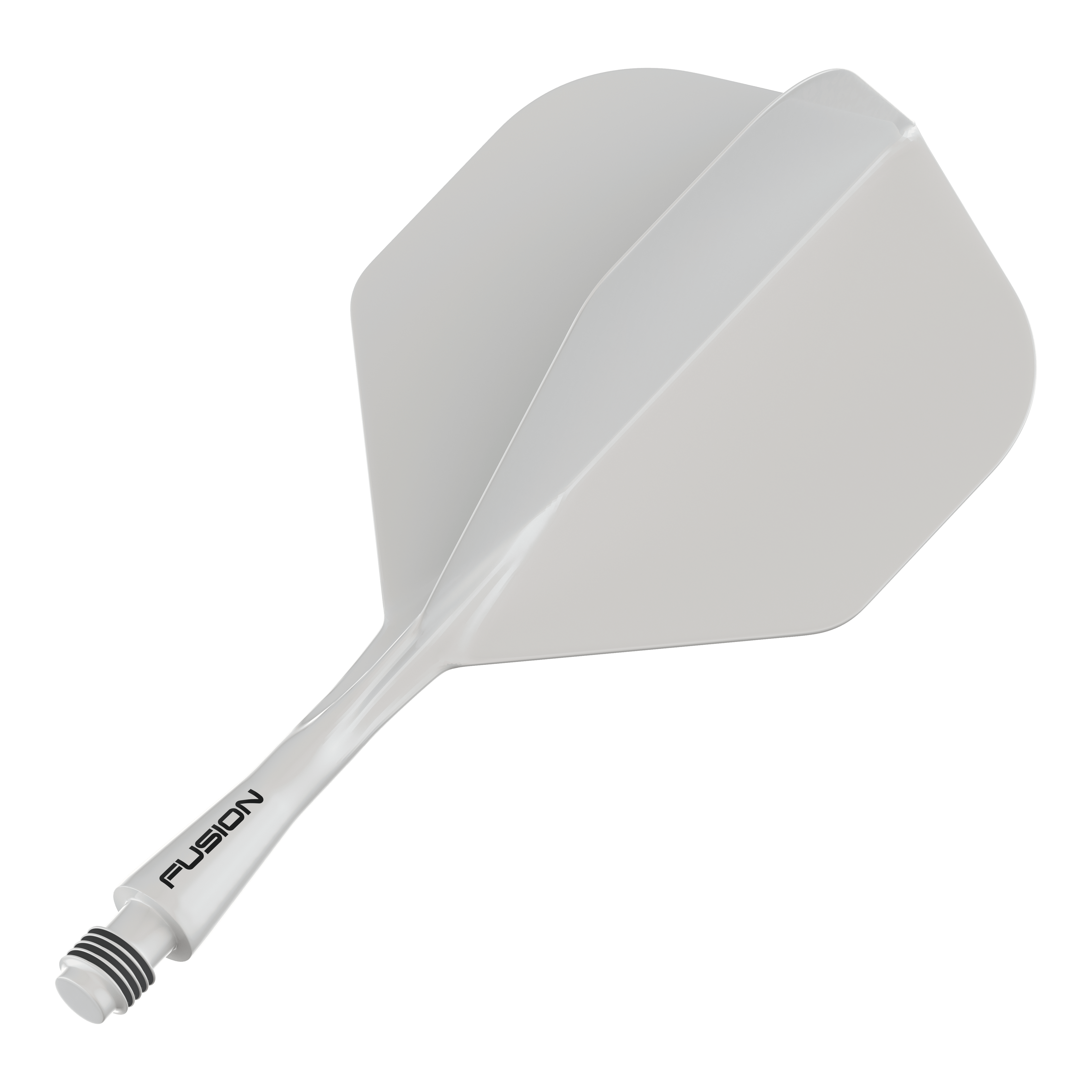 Winmau Fusion Flight Shaft System Standard White Das Bild zeigt ein weißes Dartflug- und Schaftsystem. Auf dem Schaft ist das Wort "FUSION" zu sehen.