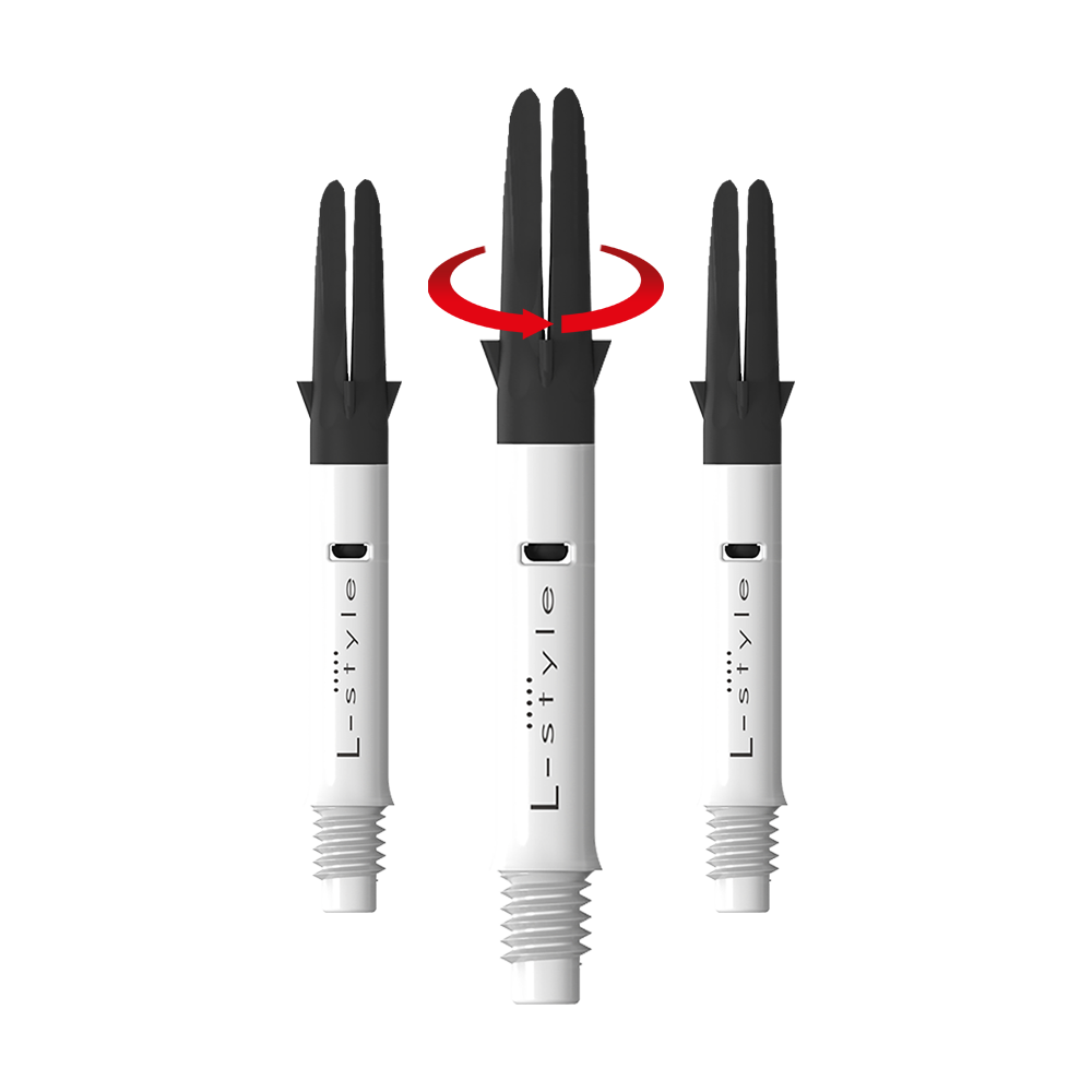 L-L-Style-Shaft Carbon Silent Straight - White Auf dem Bild sind drei weiße L-Style Dartschäfte mit schwarzem oberen Teil zu sehen. In der Mitte zeigt ein roter Pfeil, dass sich der obere Teil des Schafts drehen kann.
