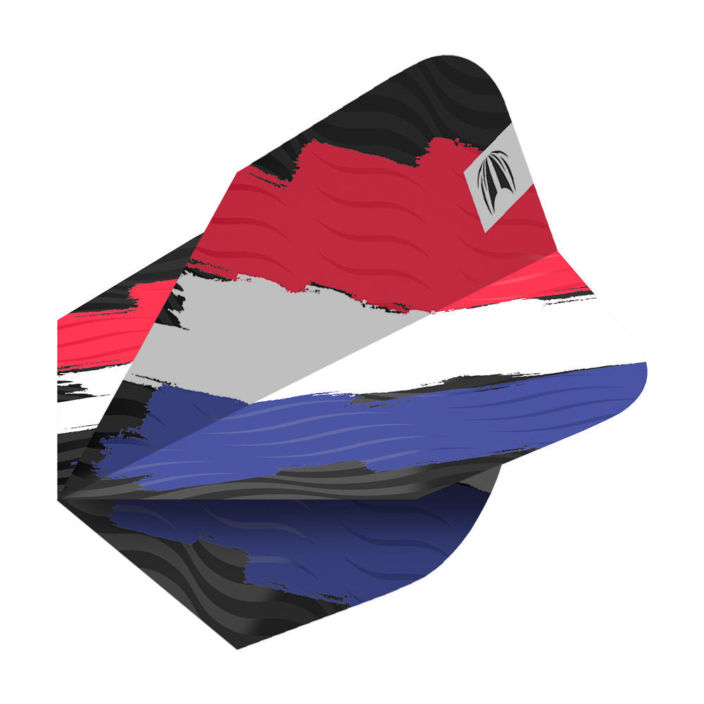 TG67_335790_Target_ProUltra_Flag_Holland_Ten-X_Flights_2 Das Bild zeigt das Produkt "Target Pro Ultra Flag Holland Ten-X Flights". Die Dart-Flights sind in den Farben der niederländischen Flagge gestaltet: Rot, Weiß und Blau.