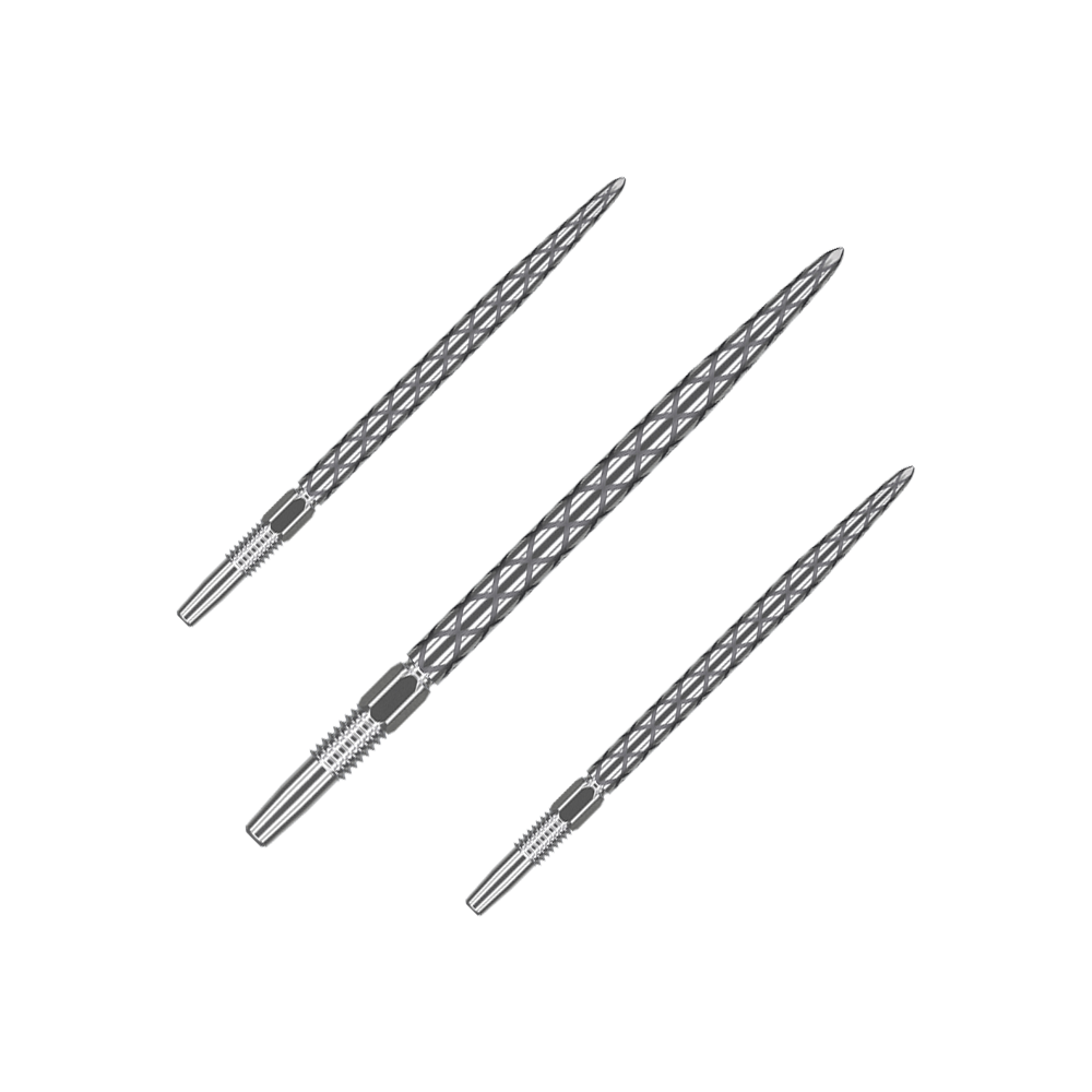 Target Swiss Diamond Pro Silver Points dart tips Das Bild zeigt drei silberne Dartspitzen mit einem Rautenmuster. Sie sind schmal und haben ein detailliertes, strukturiertes Design.