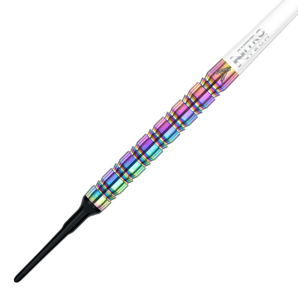 Das Bild zeigt einen bunten Softdart mit Regenbogeneffekt aus der Serie "Red Dragon Peter Wright Snakebite 1." Der Dart wiegt 18 Gramm und hat eine weiße und schwarze Spitze sowie einen auffälligen, geriffelten Griff.