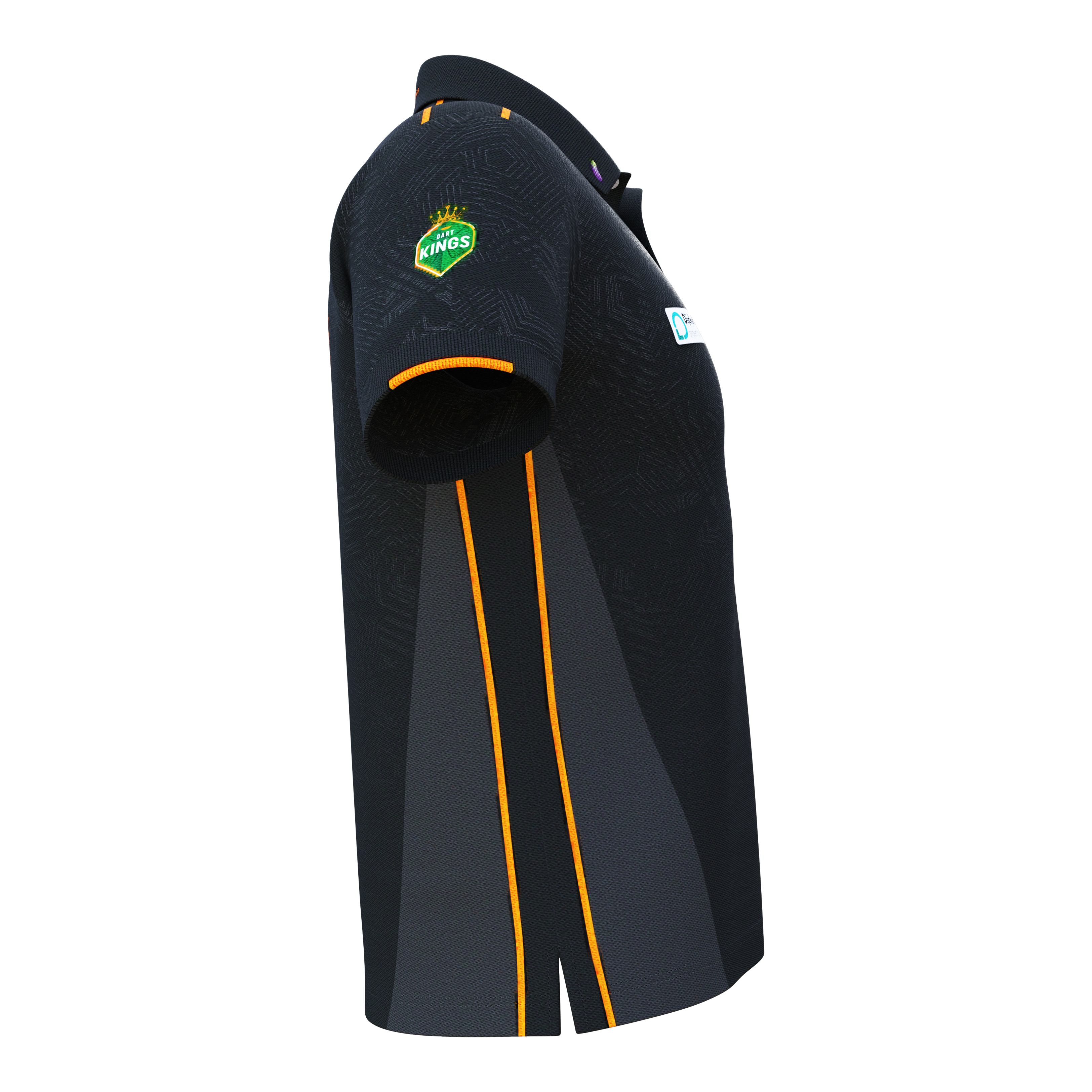 Bulls NL Dirk Van Duijvenbode match shirt 2025 Das Bild zeigt das 'Bulls NL Dirk Van Duijvenbode Matchshirt 2025'. Das Shirt ist überwiegend schwarz mit orangefarbenen Streifen und einem Logo auf dem Ärmel.