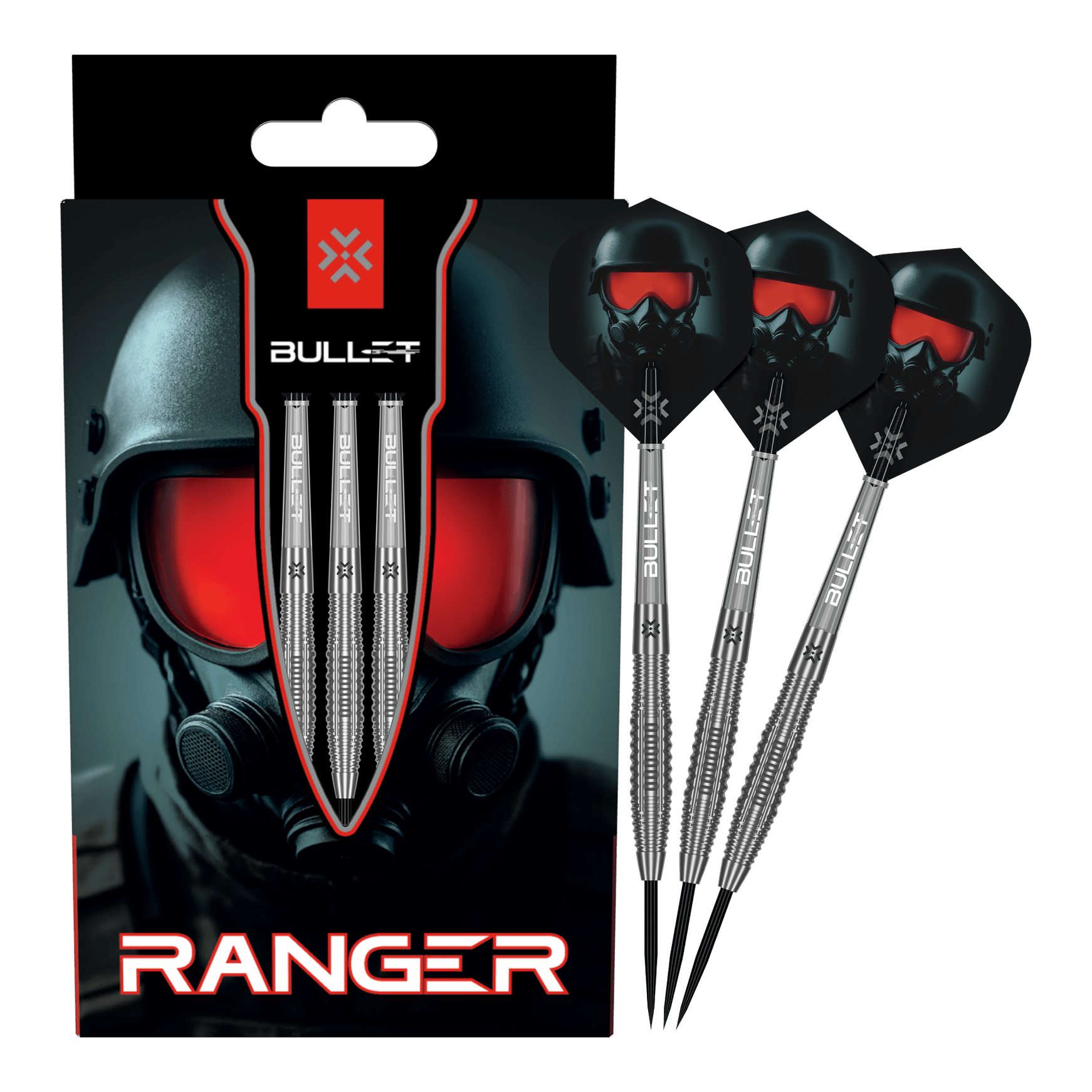 Bullet Ranger steel darts Auf dem Bild ist das vollständige Set der Bullet Ranger Steeldarts zu sehen. Die Steeldarts werden für Präzisionswürfe verwendet.