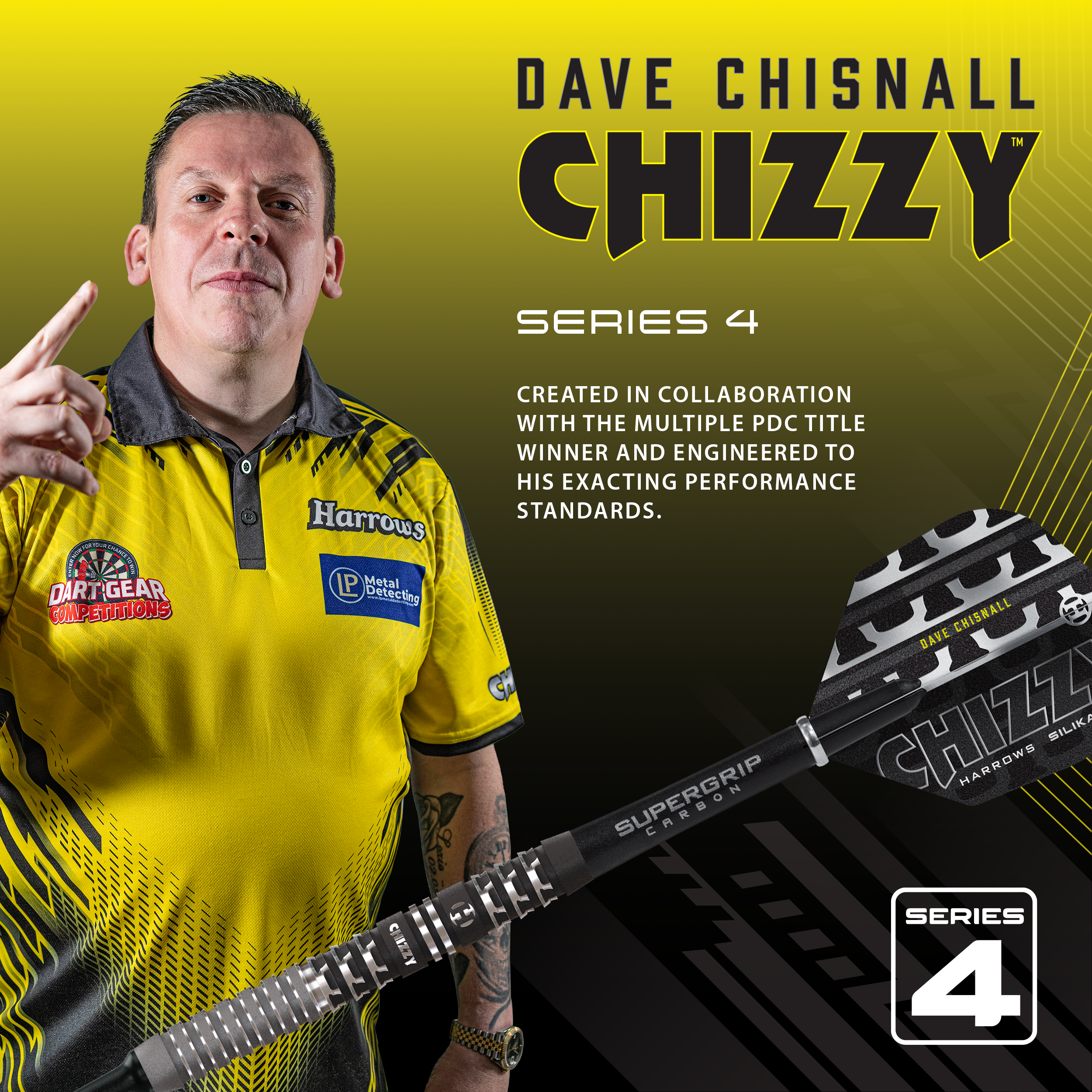 Hier sieht man die Harrows Dave Chisnall Chizzy Series 4 Quick Point Steeldarts. Das Design wurde für Präzision und Kontrolle entwickelt.