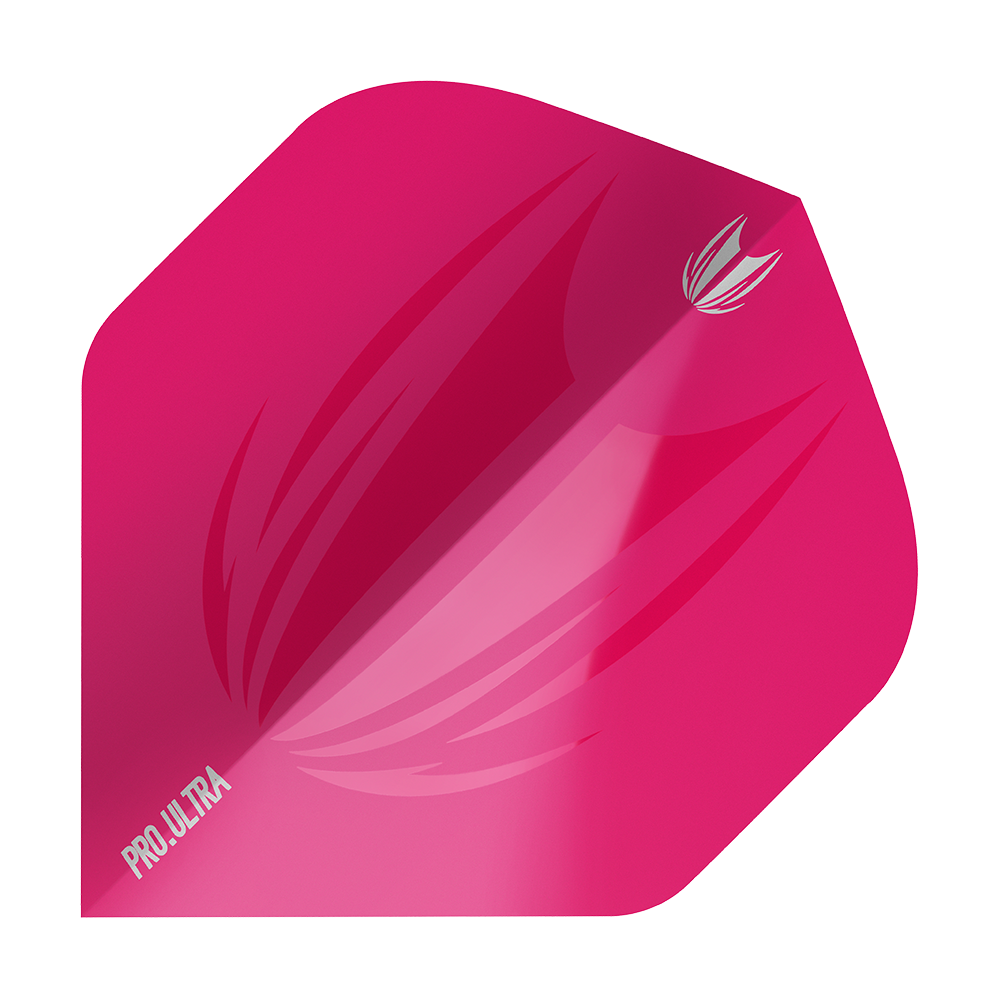 TG420_Target_ProUltra_ID_Pink_No2_Standard_Flights_1 Das Bild zeigt ein pinkes Dartflight mit dem Namen "Target ProUltra ID Pink No2 Standard Flights". Auf dem Flight ist ein stilisiertes Muster sowie der Schriftzug "PRO ULTRA" zu sehen.
