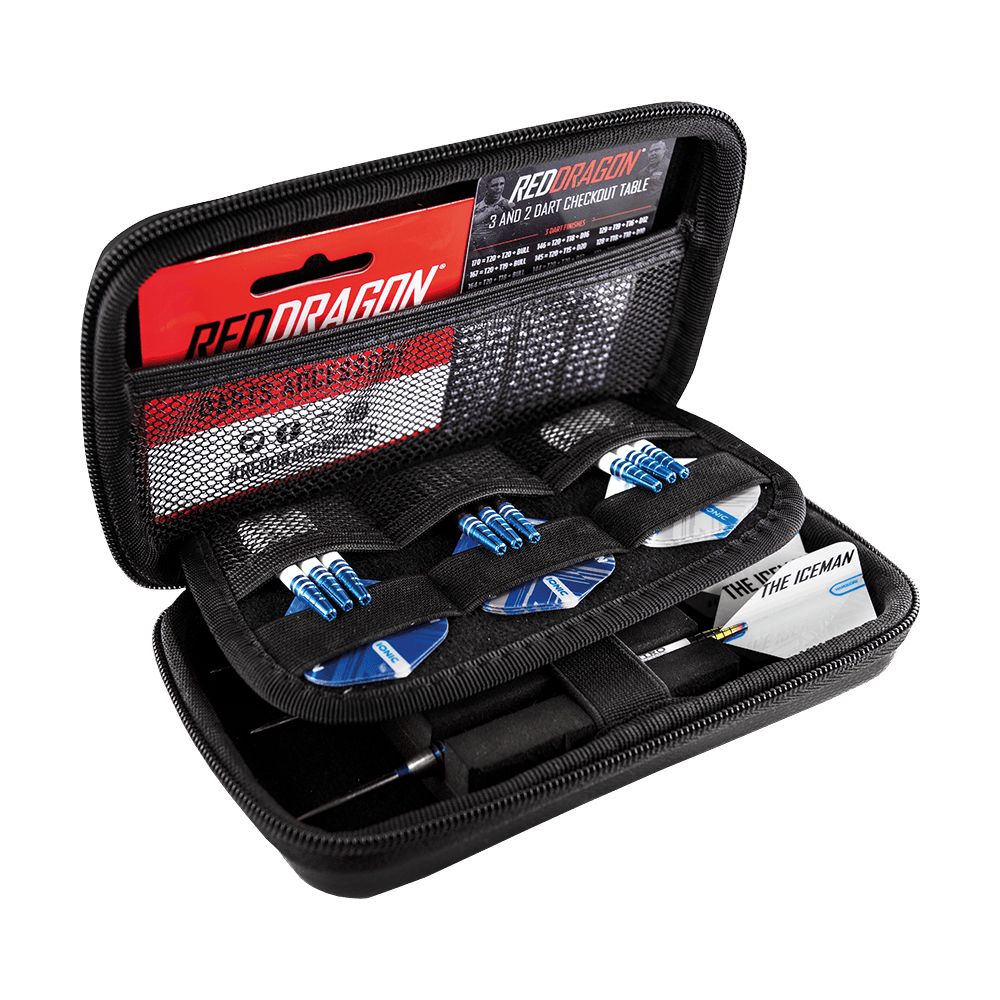 Das Bild zeigt das Produkt "Red Dragon Gerwyn Price World Champion Dartcase". Es ist ein offenes Dartcase mit mehreren Fächern für Pfeile und Zubehör.
