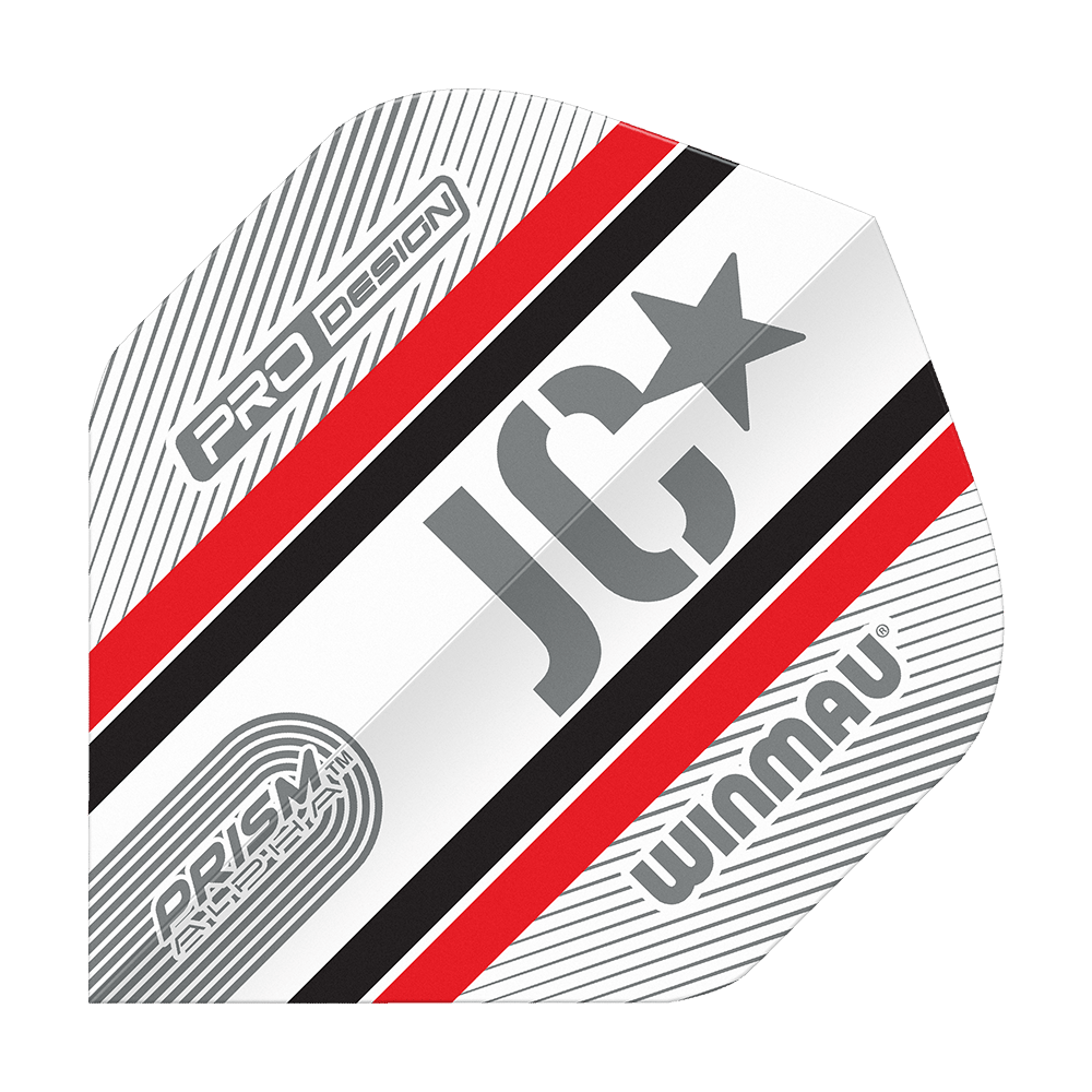 Winmau Alpha Joe Cullen Cullen 85 Standard Flights Das Bild zeigt ein Winmau Alpha Joe Cullen 85 Standard Flight für Dartpfeile. Das Flight ist weiß mit roten, schwarzen und grauen Streifen sowie den Aufdrucken "JC", "PRO DESIGN" und "WINMAU".