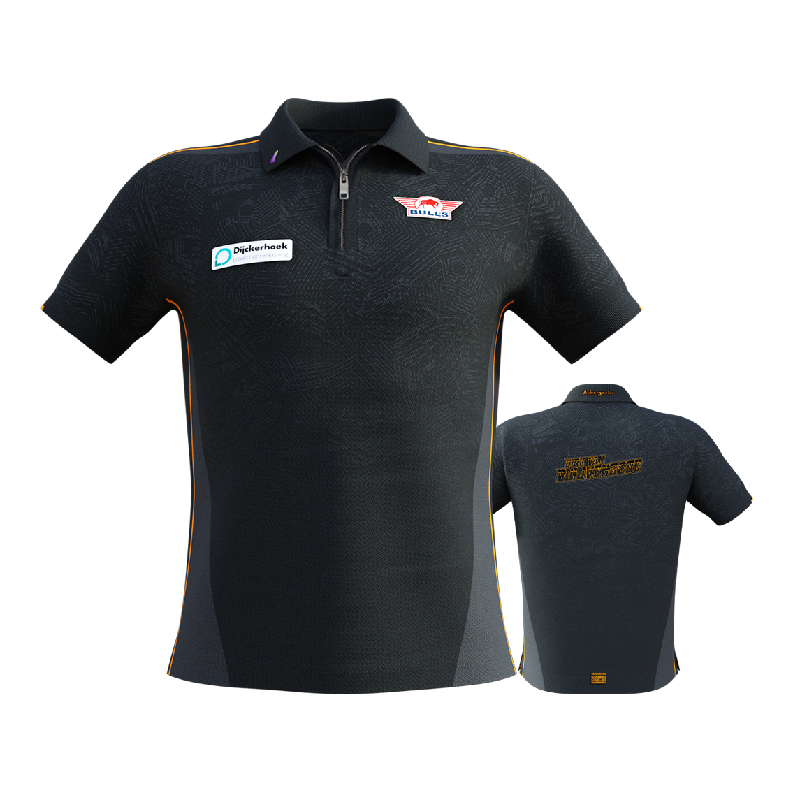 Bulls NL Dirk Van Duijvenbode match shirt 2025 Das Bild zeigt das "Bulls NL Dirk Van Duijvenbode Matchshirt 2025" in dunklem Design mit dezenten Mustern und orangenen Akzenten. Auf der Vorderseite sind Logos und Sponsoren zu sehen, während auf der Rückseite der Name "Dirk van Duijvenbode" steht.